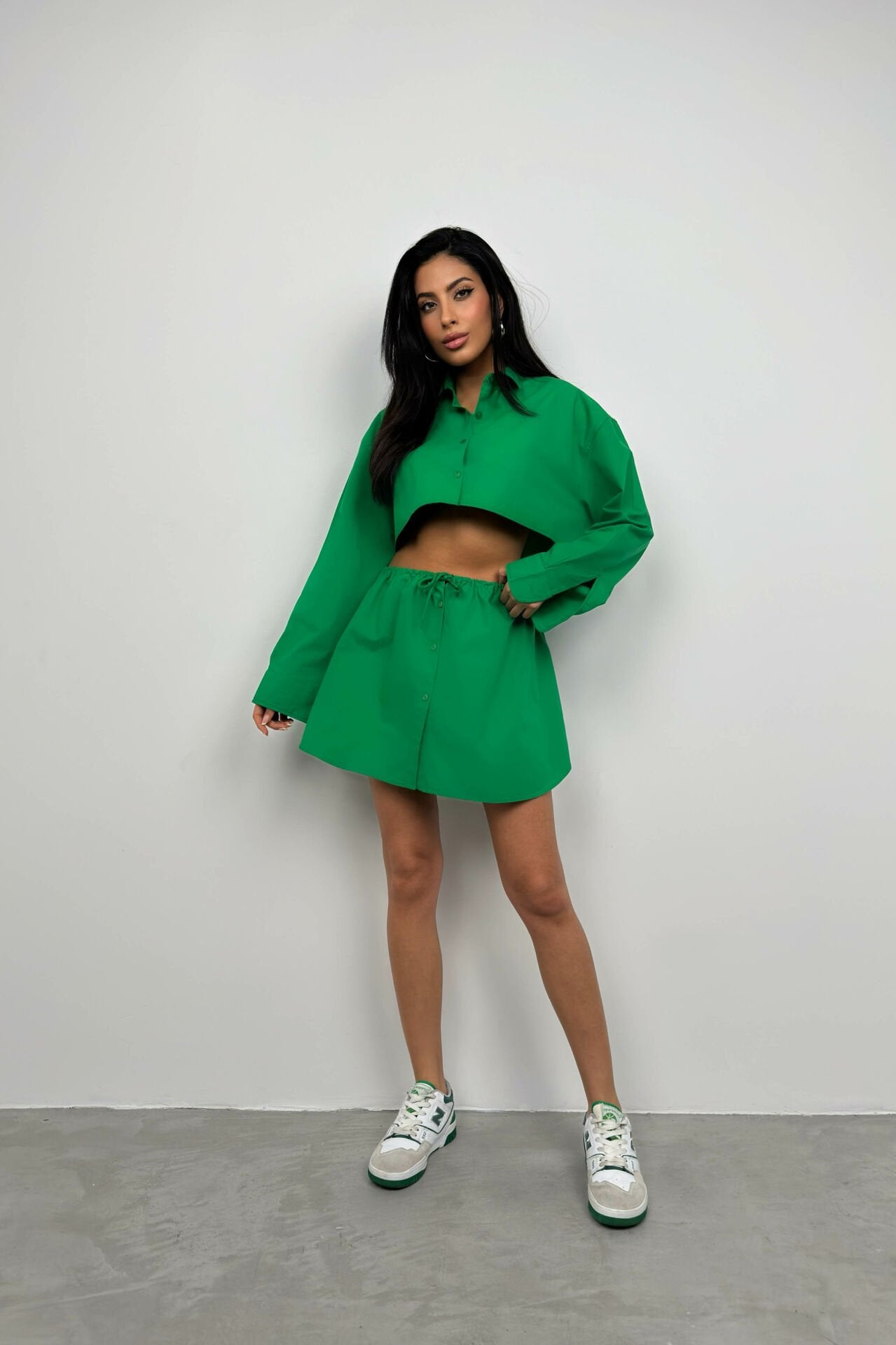 Buttoned Detailed Green Mini Skirt with Elastic Waist