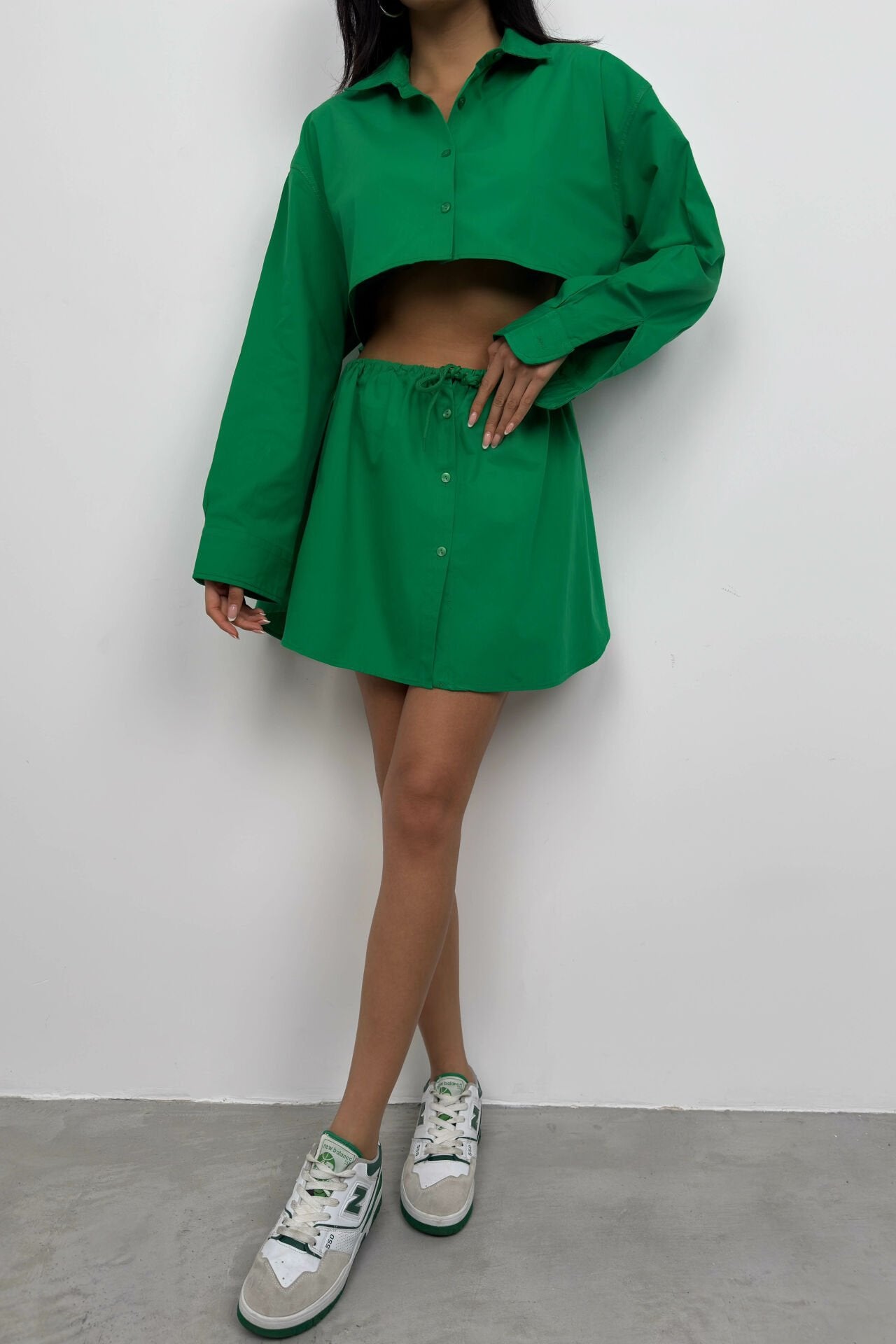 Buttoned Detailed Green Mini Skirt with Elastic Waist