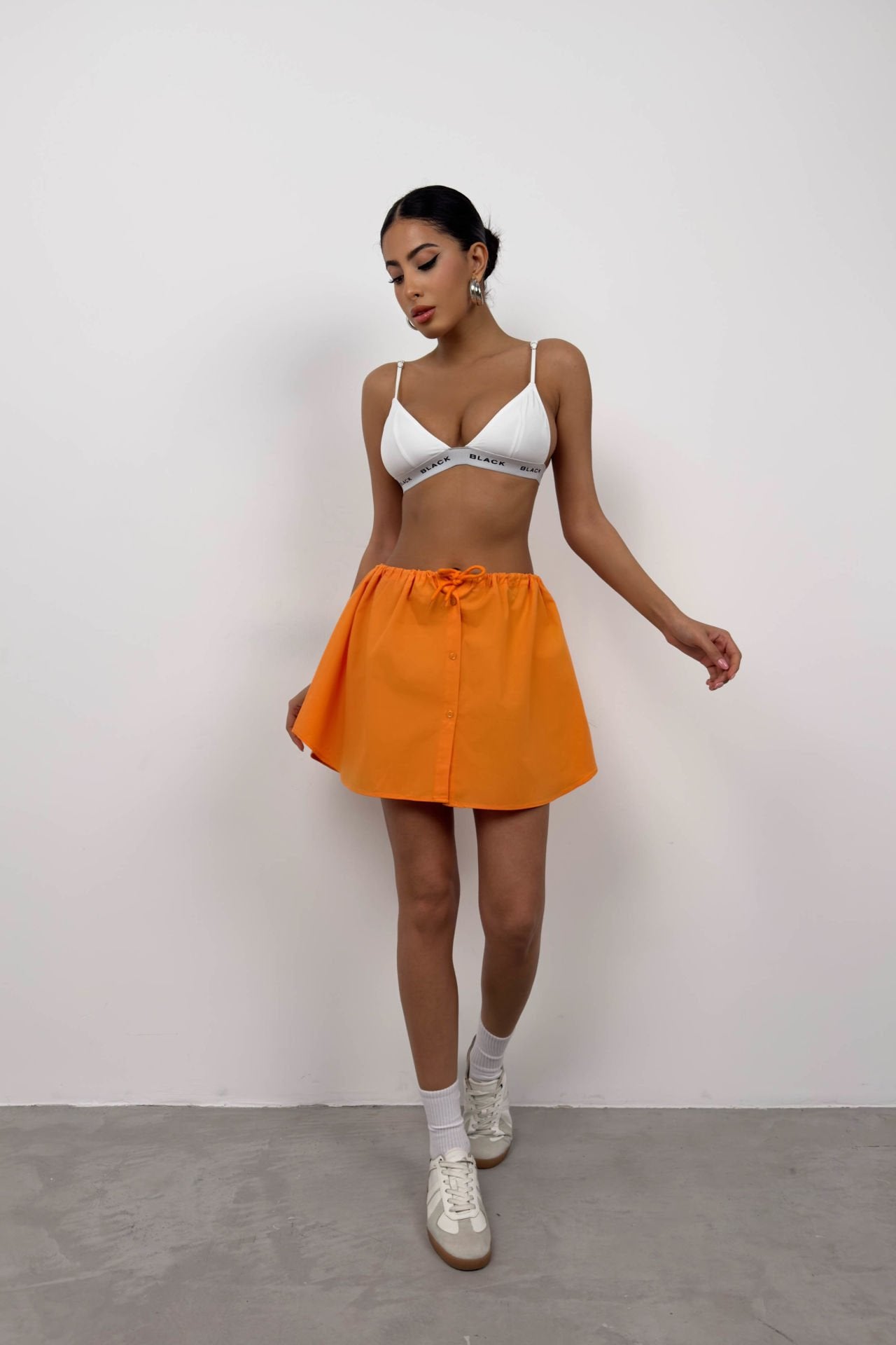 Elastic Waist Detailed Orange Mini Skirt with Buttoned Detailed