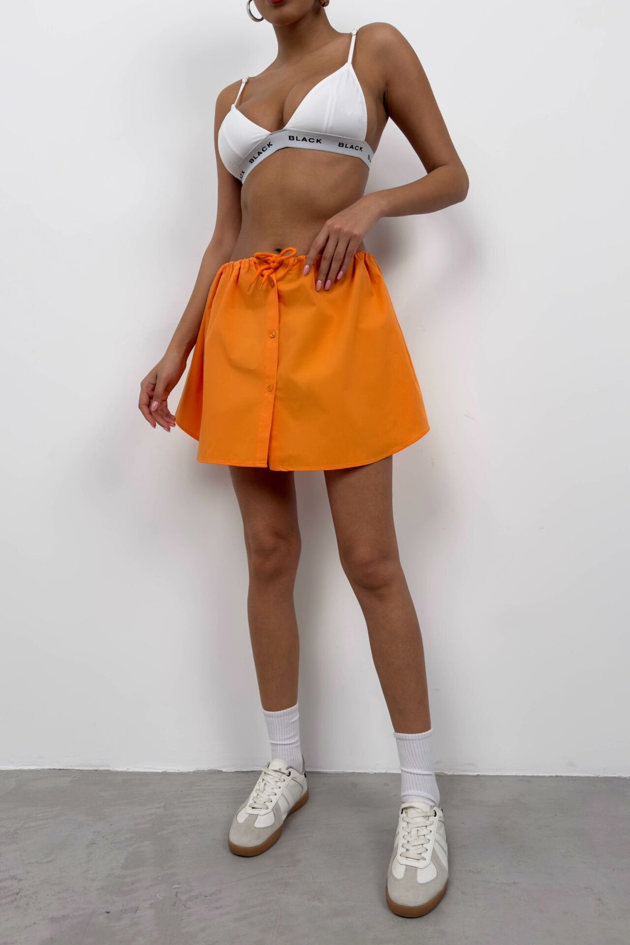 Elastic Waist Detailed Orange Mini Skirt with Buttoned Detailed