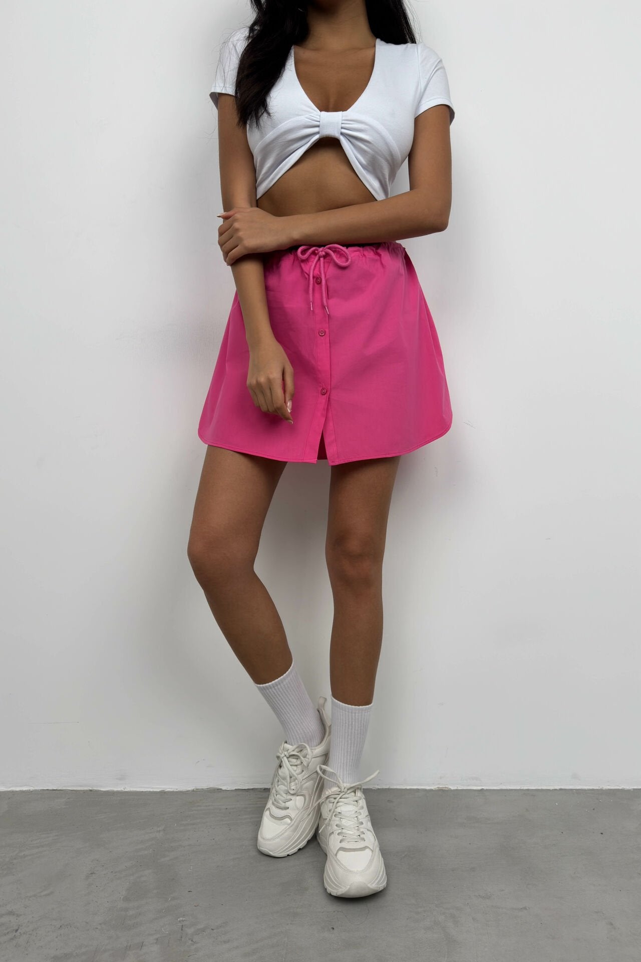 Buttoned Detailed Fuchsia Mini Skirt with Elastic Waist