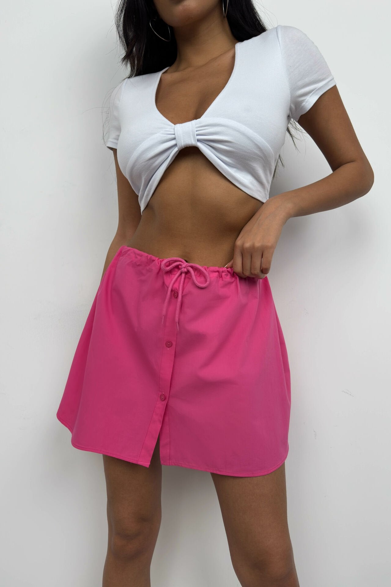 Buttoned Detailed Fuchsia Mini Skirt with Elastic Waist