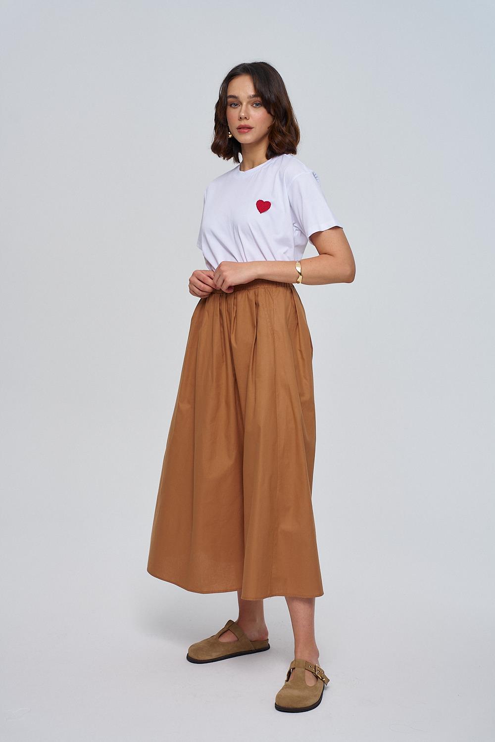 Poplin Detailed Brown Midi Skirt with Elastic Waistband