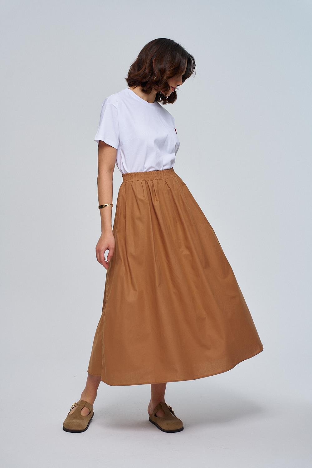 Poplin Detailed Brown Midi Skirt with Elastic Waistband