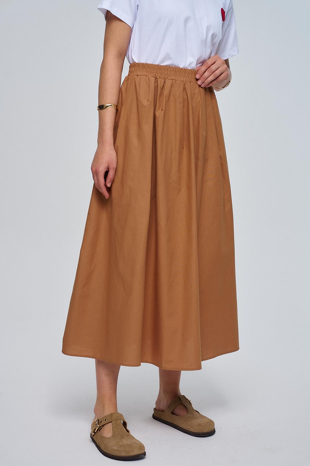 Poplin Detailed Brown Midi Skirt with Elastic Waistband