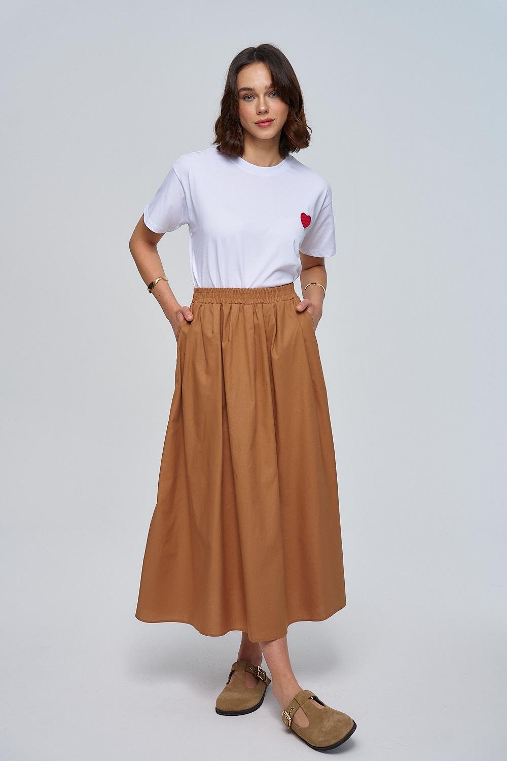 Poplin Detailed Brown Midi Skirt with Elastic Waistband