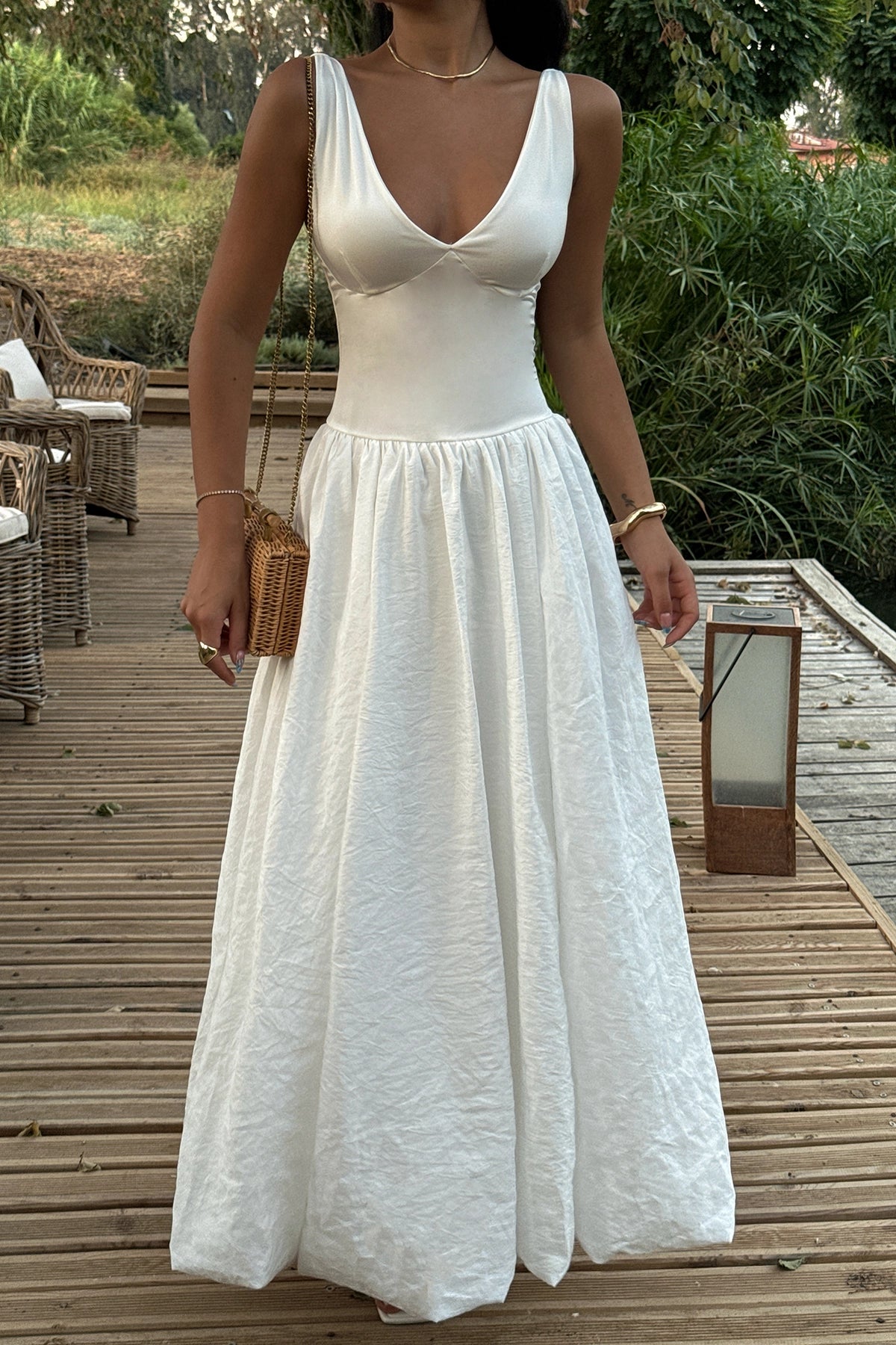 V-Neck White Maxi Balloon Dress