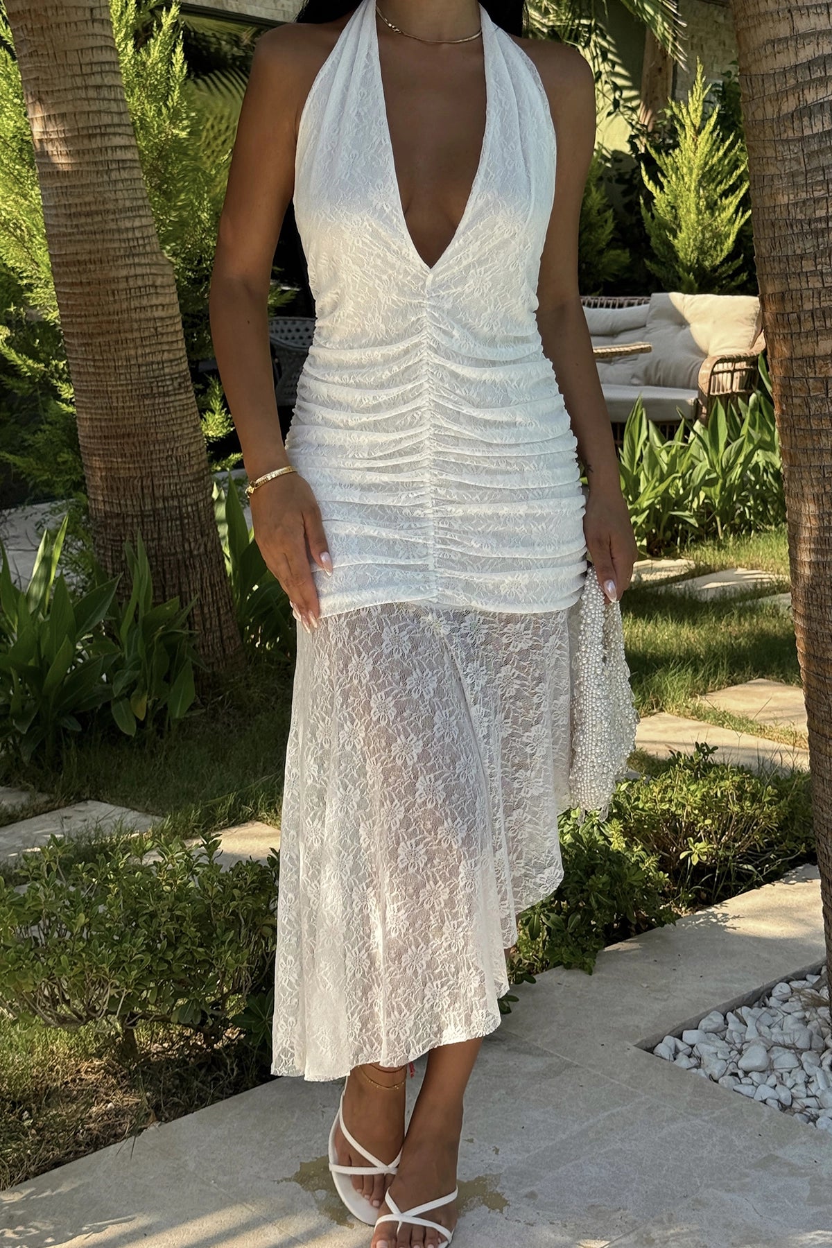 V-Neck White Lace Midi Dress