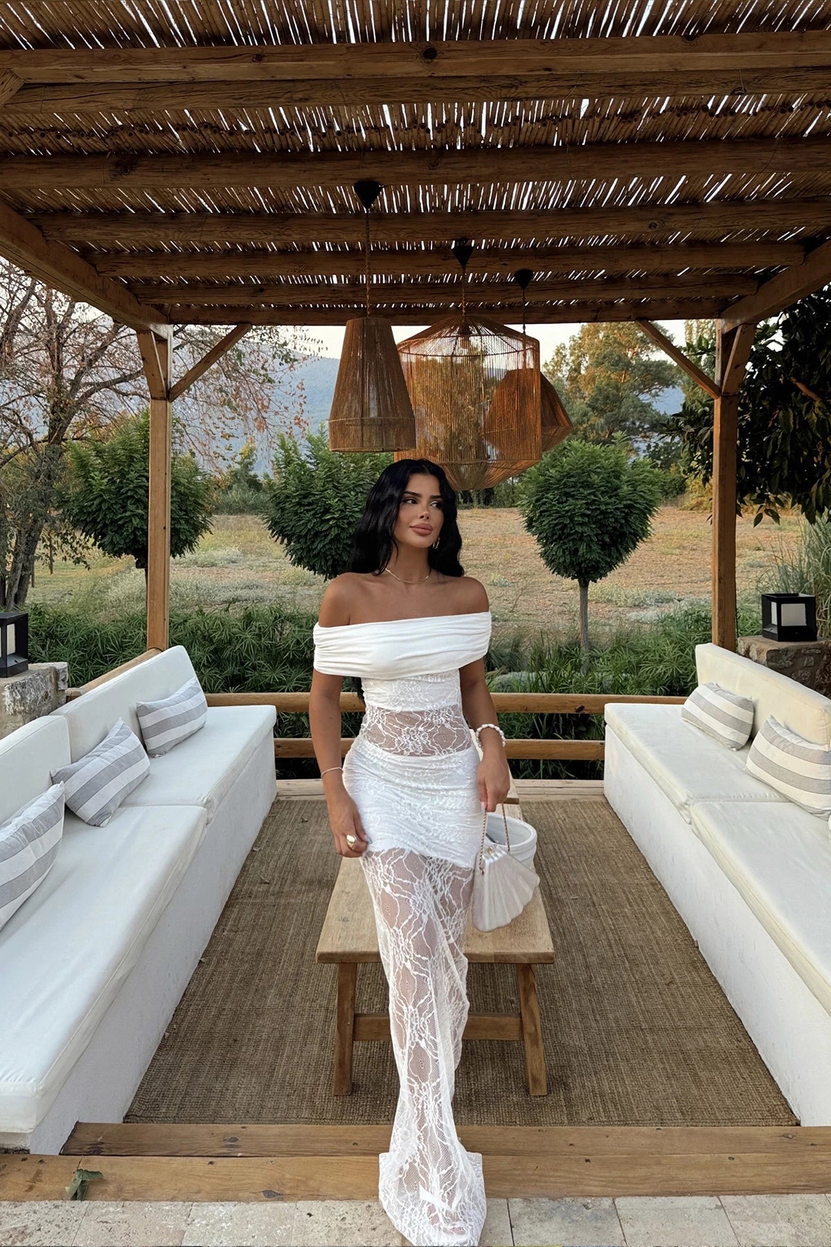 Off-Shoulder White Lace Maxi Dress