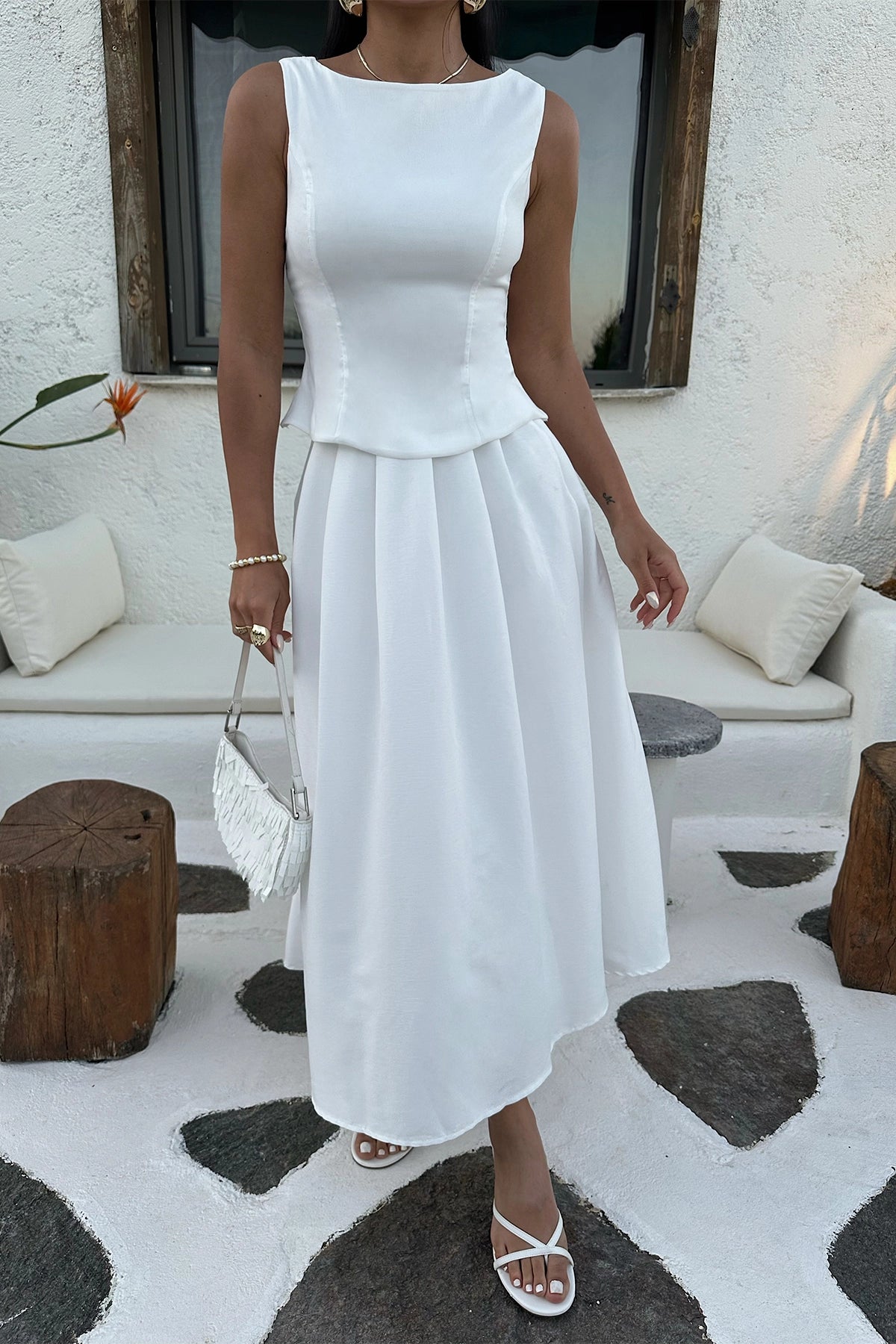 Basic White Satin Skirt Set