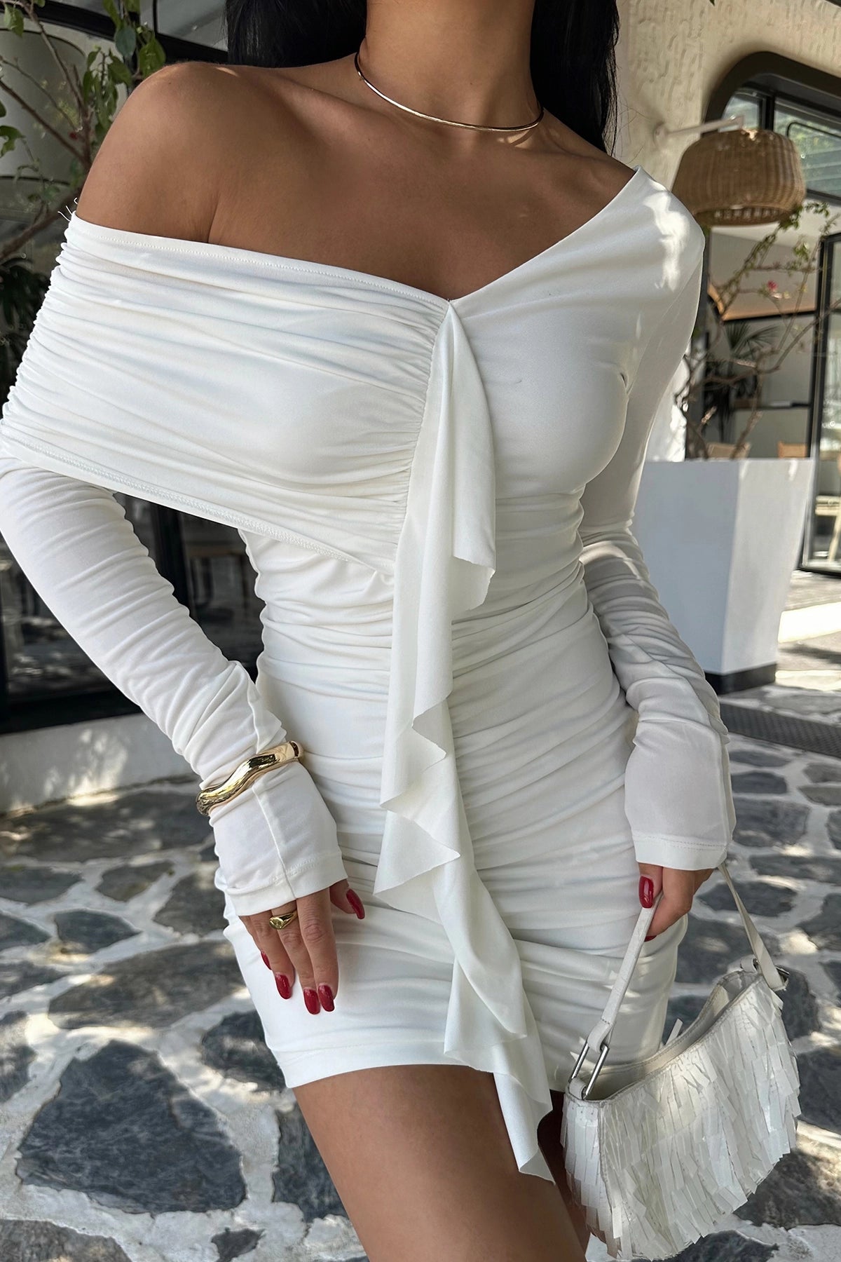 Asymmetrical White Ruched Mini Dress