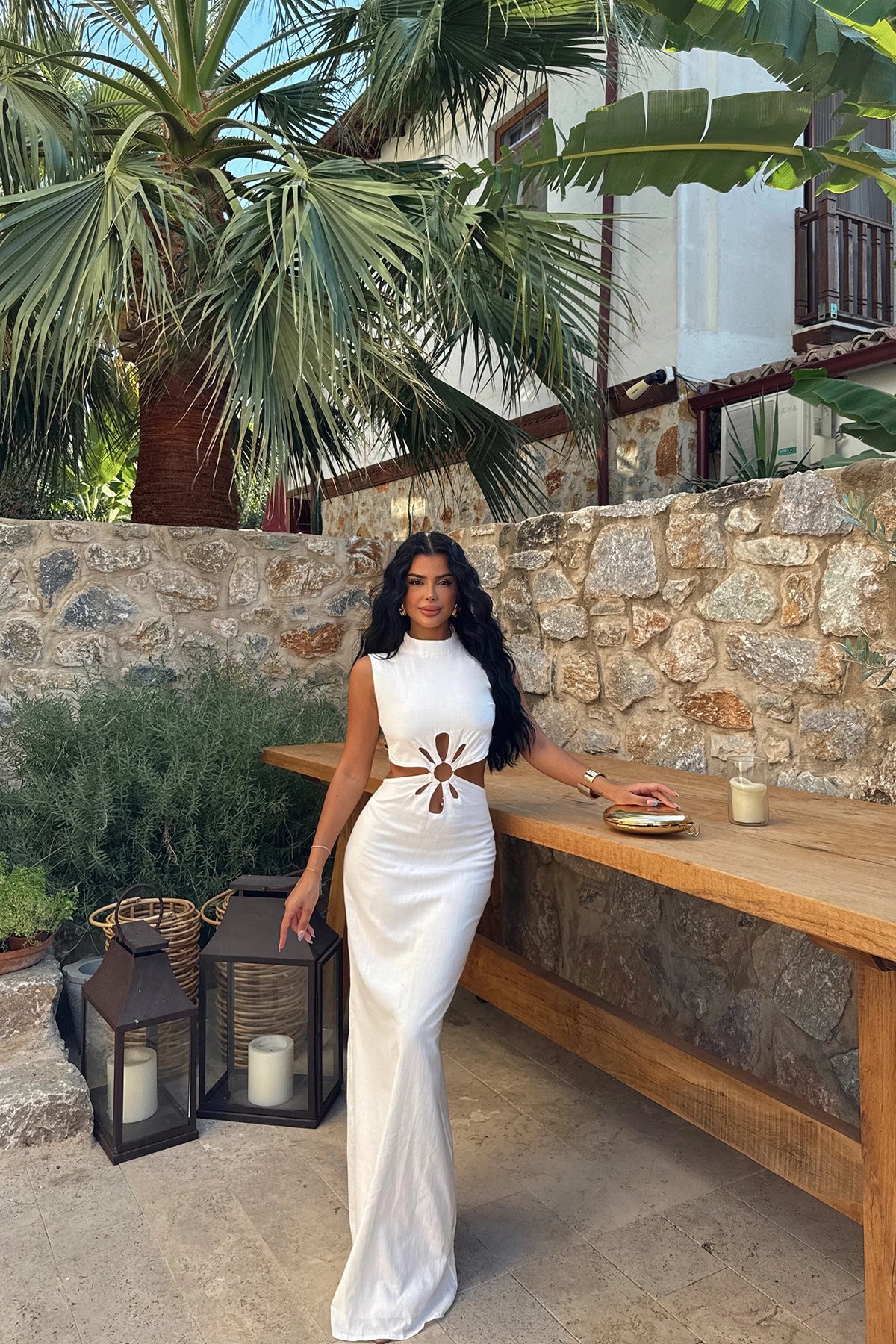 Ring Detailed White Maxi Dress with Slit Detail