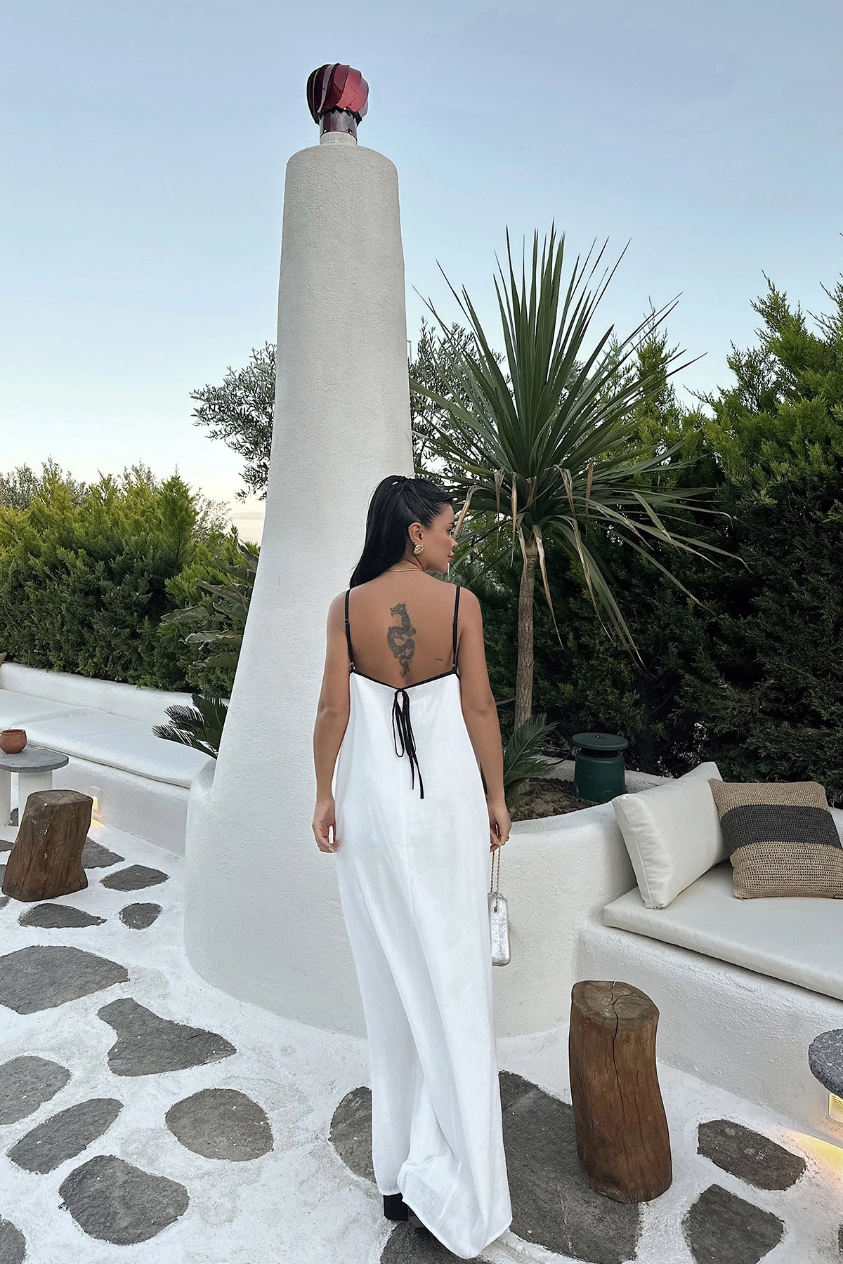 U-Neck White Linen Maxi Dress