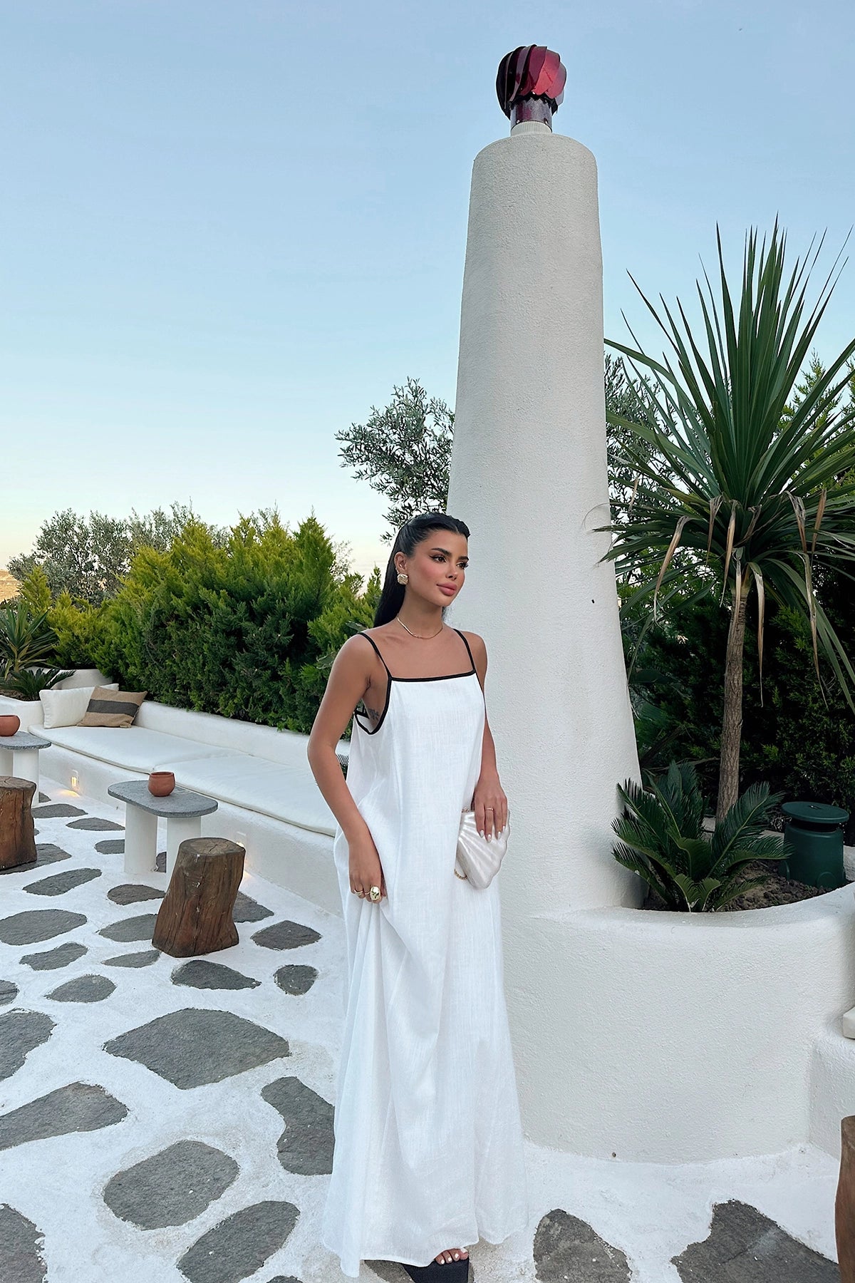 U-Neck White Linen Maxi Dress