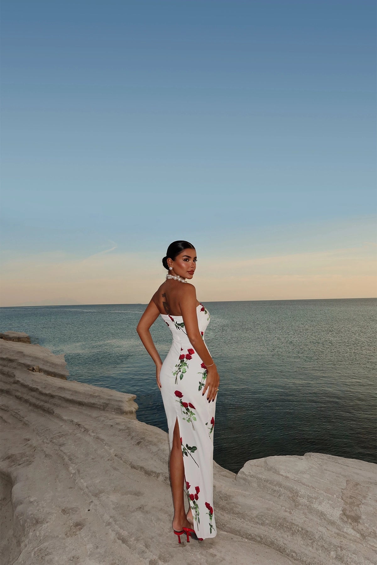 Rose Patterned Off-Shoulder White Maxi Dress