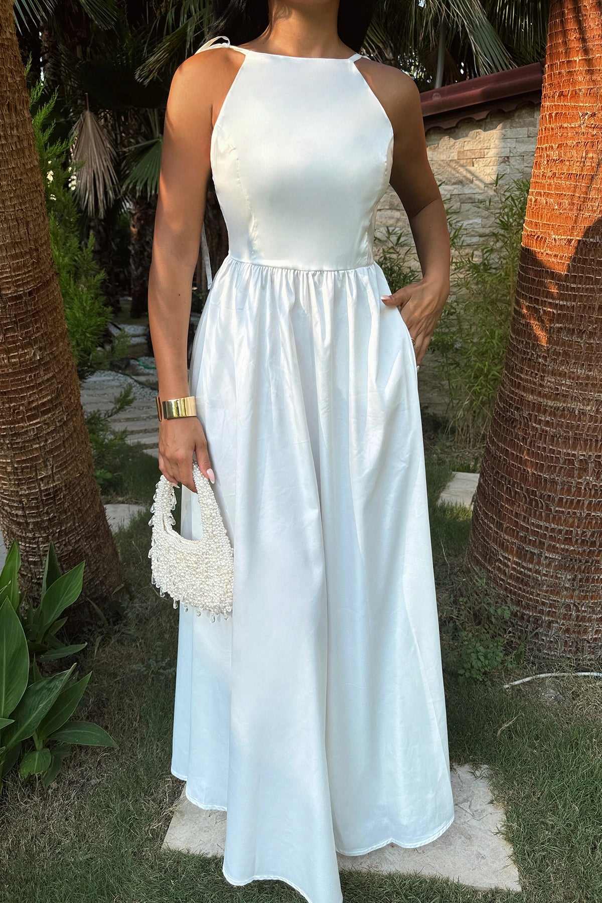 Backless Satin White Maxi Dress with Tied Strap Detail