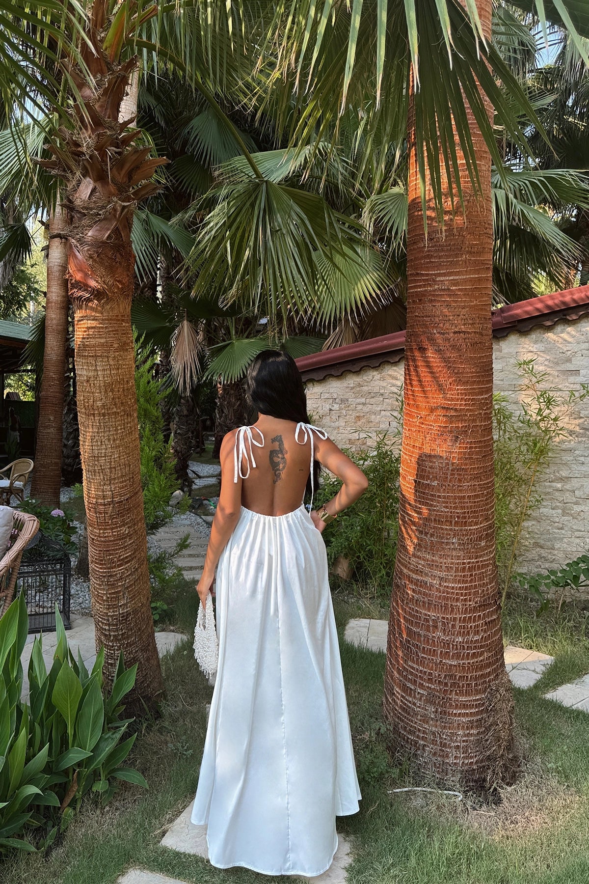 Backless Satin White Maxi Dress with Tied Strap Detail