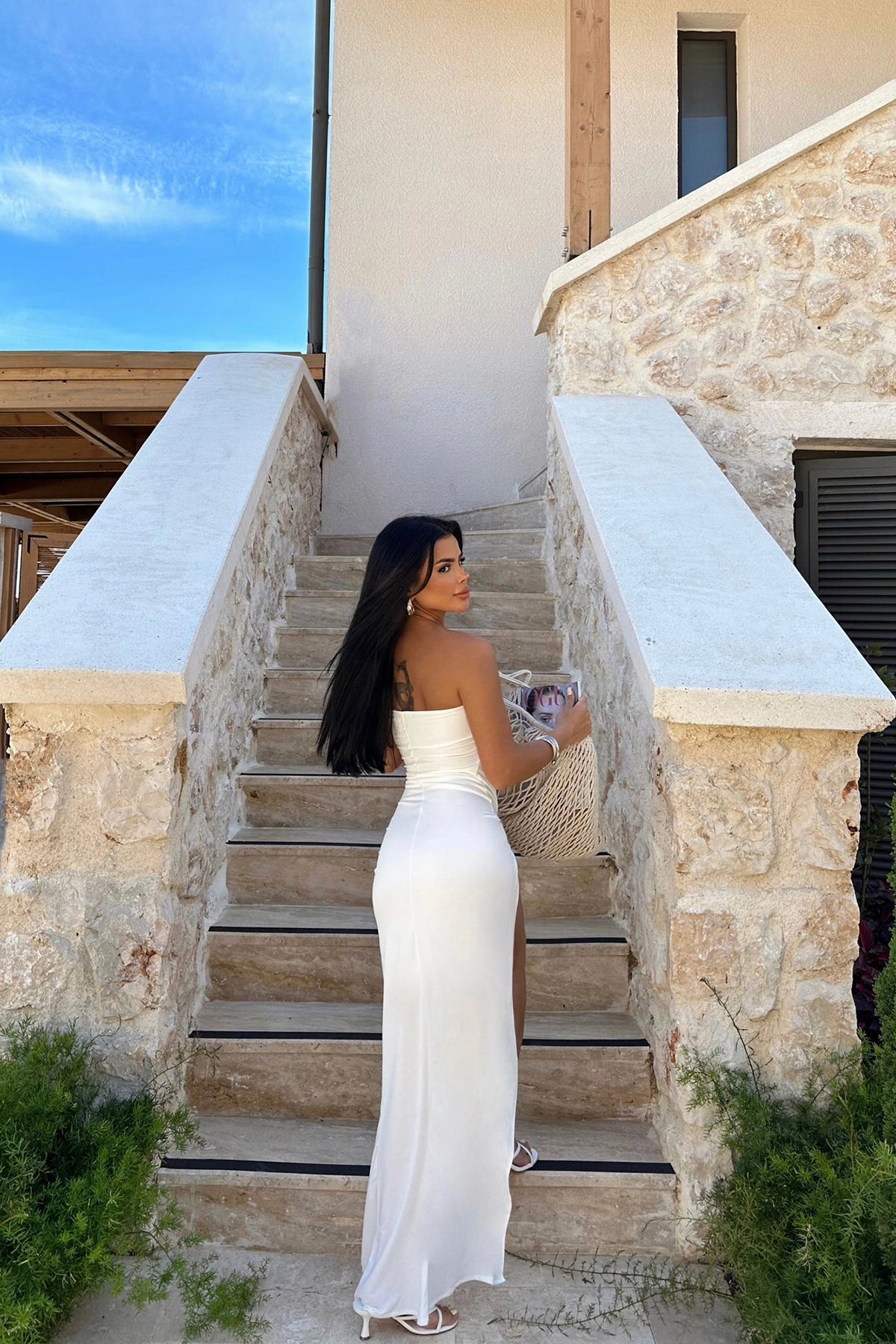 Off-Shoulder White Asymmetrical Maxi Dress