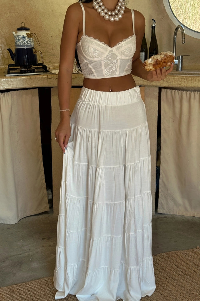 Ruffled Detailed White Maxi Skirt