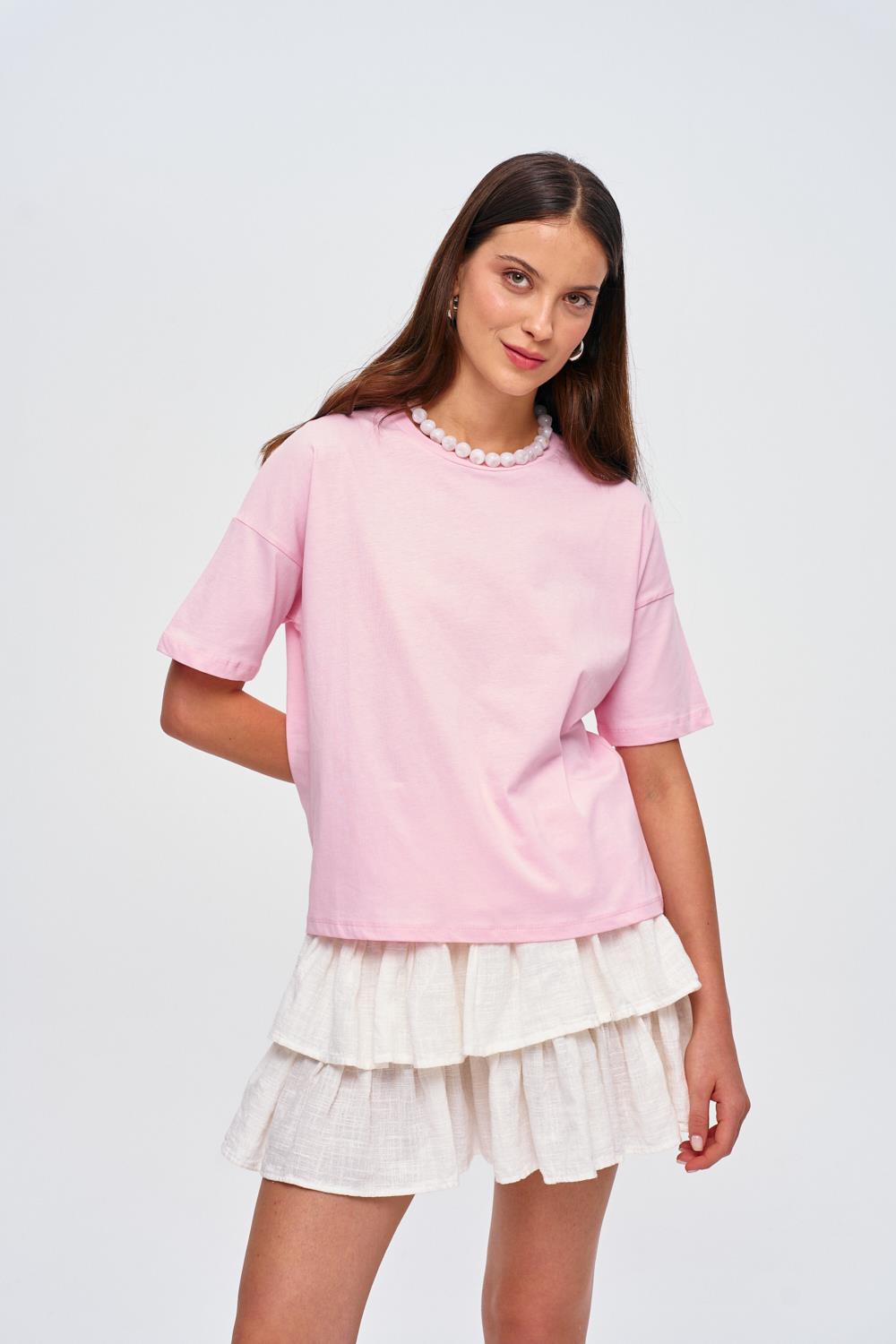 Crew Neck Basic Pink T-Shirt for Women