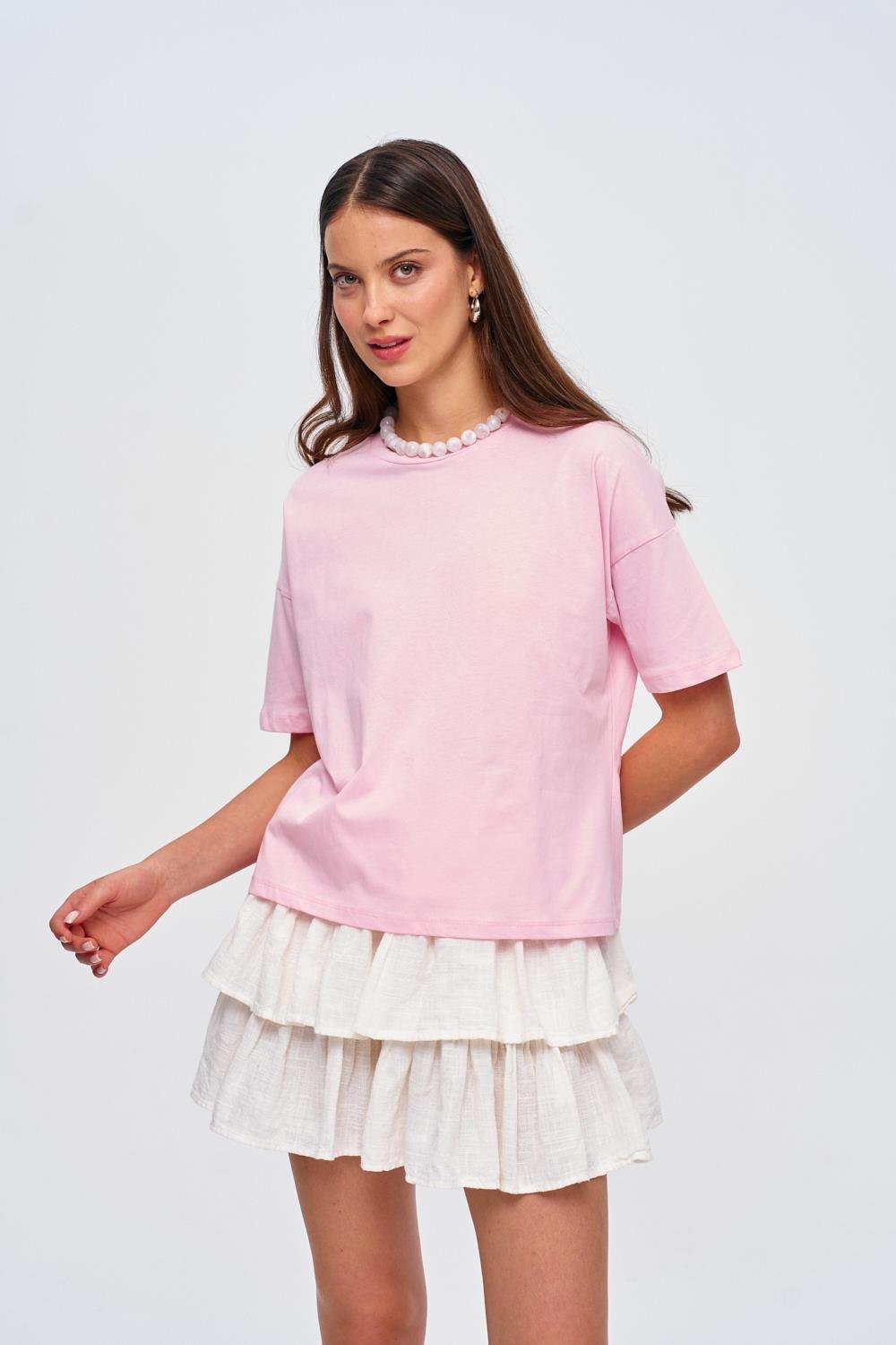 Crew Neck Basic Pink T-Shirt for Women