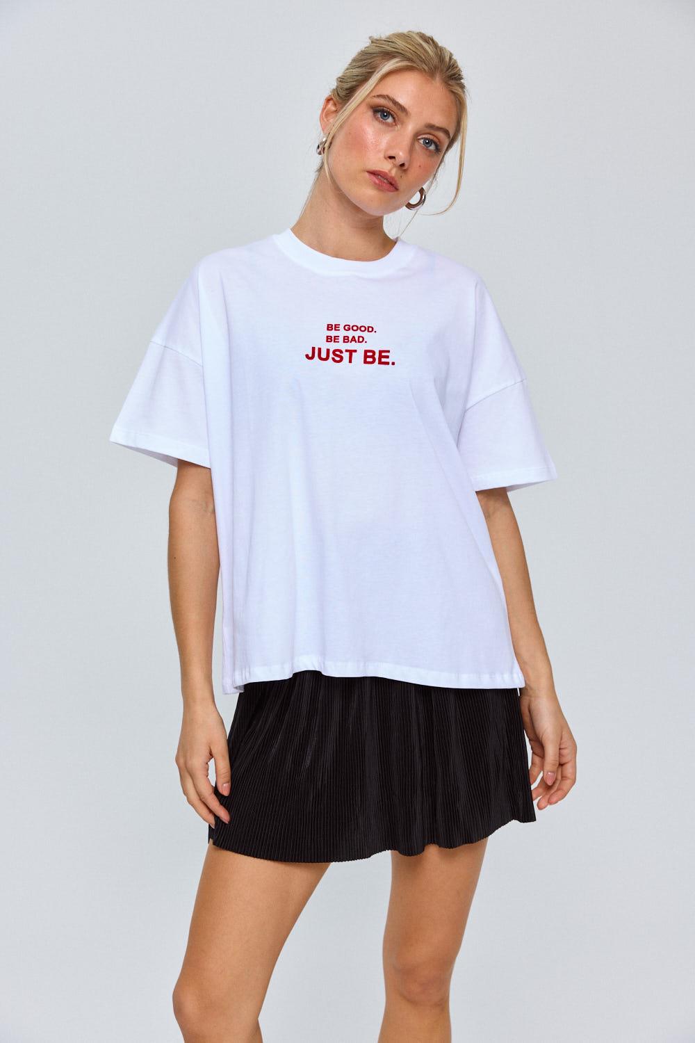 Crew Neck White T-Shirt with Red Printed Detail for Women