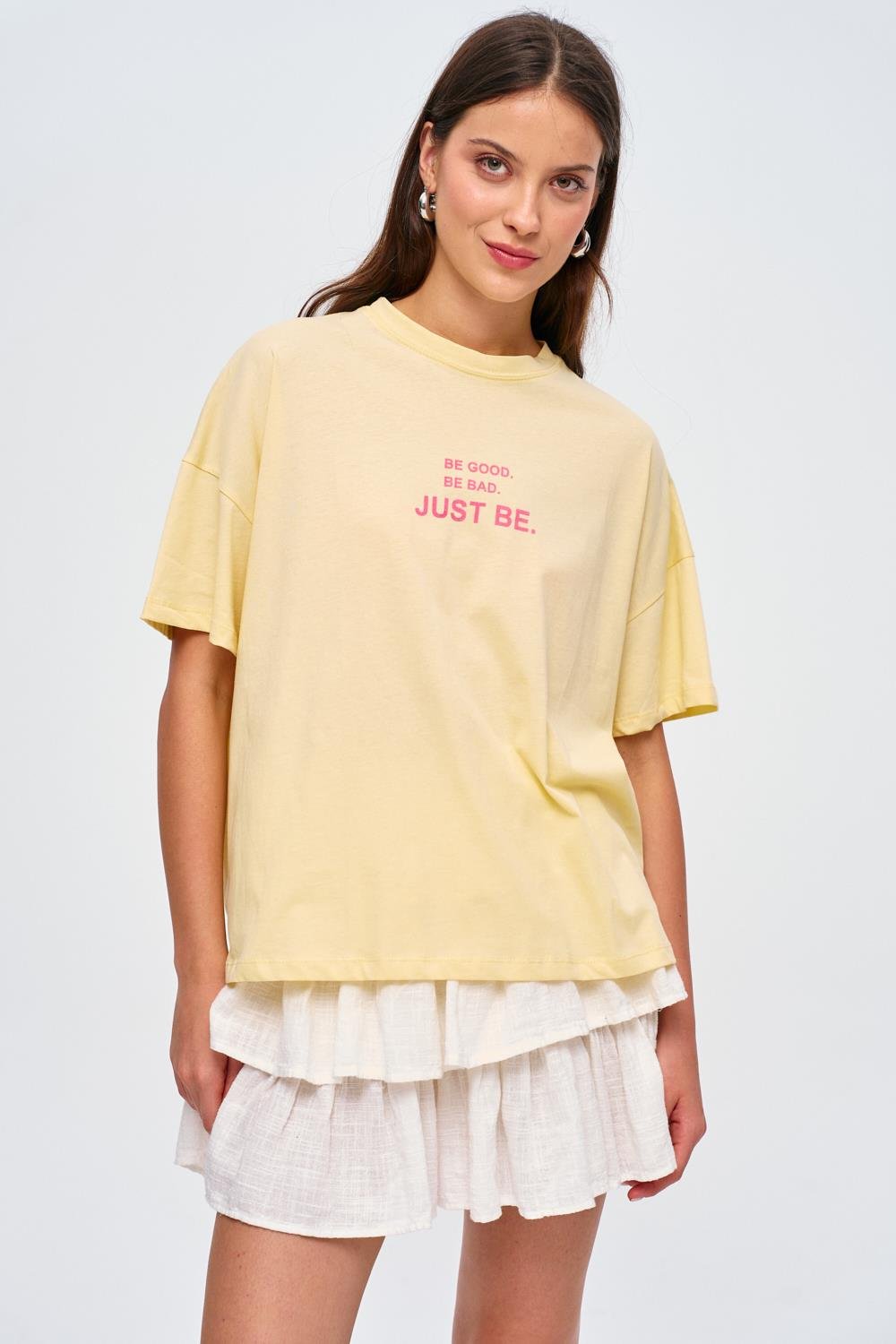 Crew Neck Yellow T-shirt with Printed Detail for Women