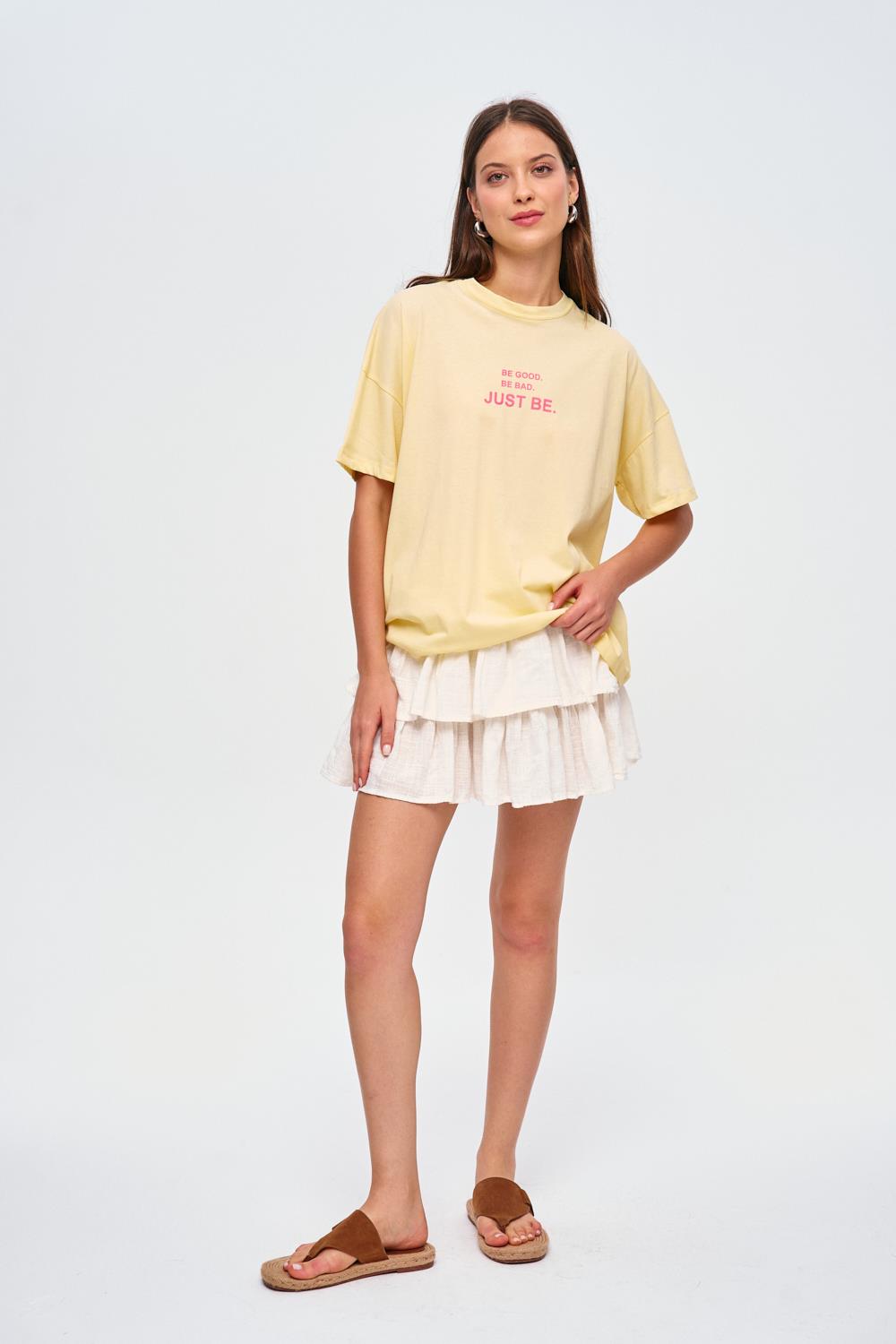 Crew Neck Yellow T-shirt with Printed Detail for Women