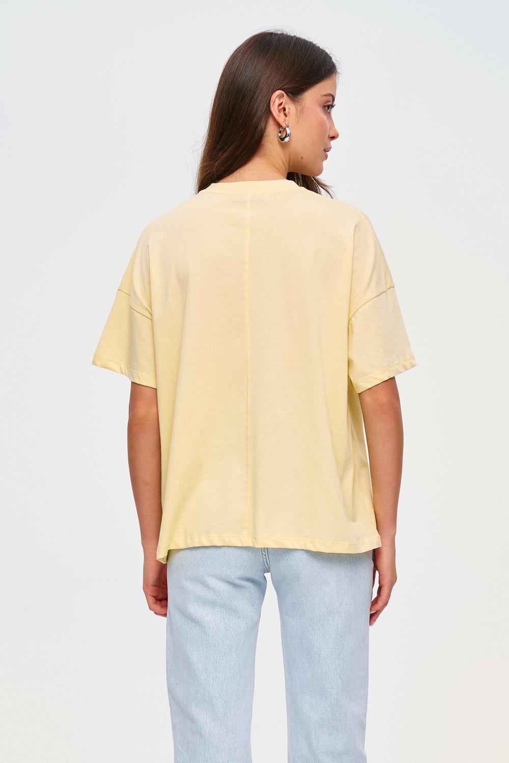 Crew Neck Yellow T-shirt with Printed Detail for Women