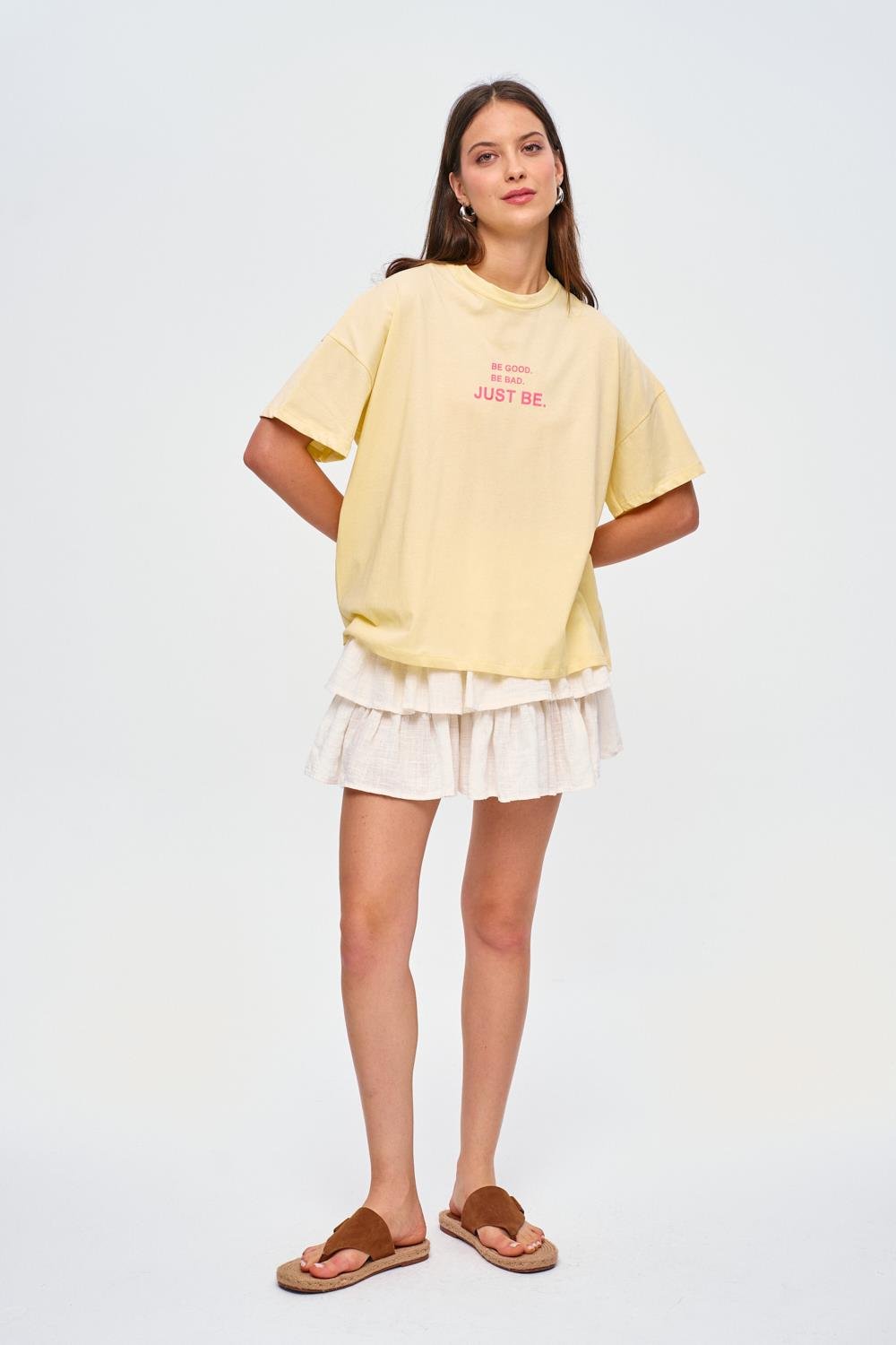 Crew Neck Yellow T-shirt with Printed Detail for Women