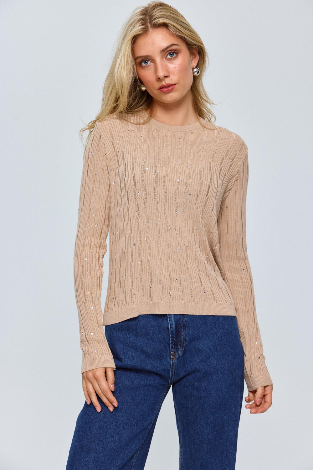 Crew Neck Beige Knitwear Women's Blouse