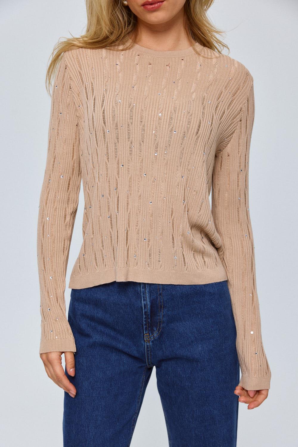 Crew Neck Beige Knitwear Women's Blouse