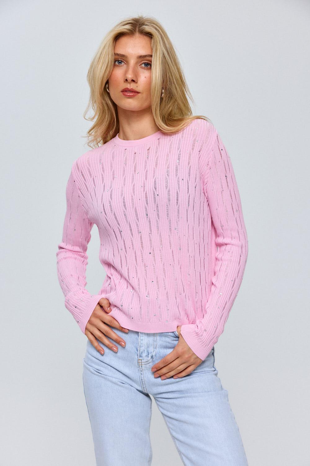 Crew Neck Pink Knitwear Women's Blouse