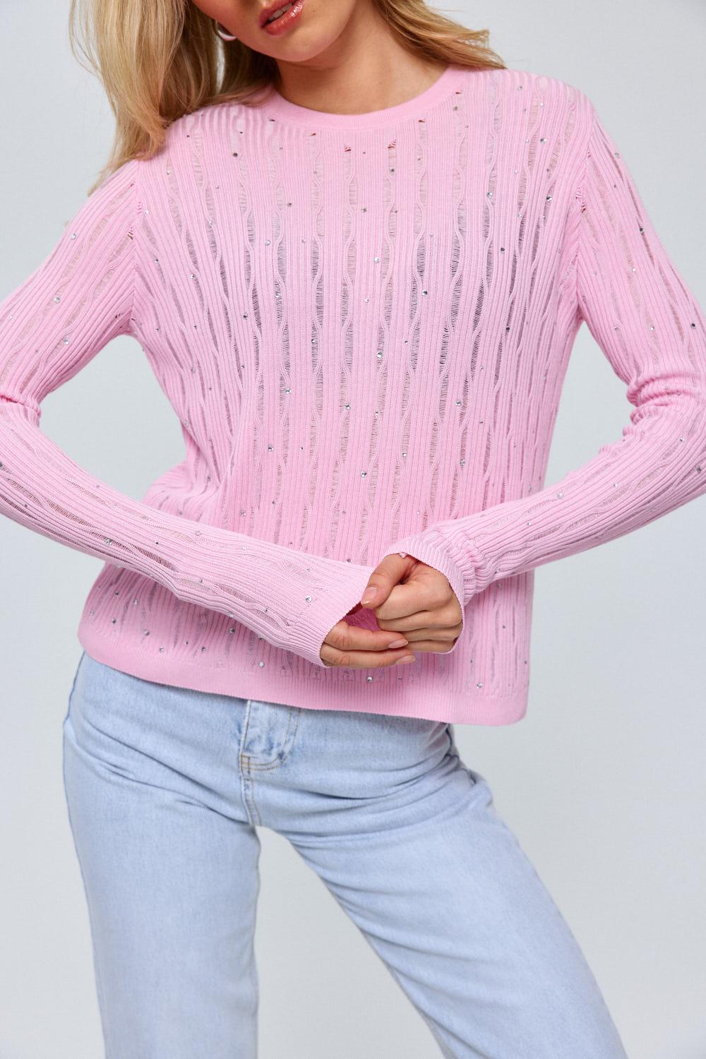 Crew Neck Pink Knitwear Women's Blouse