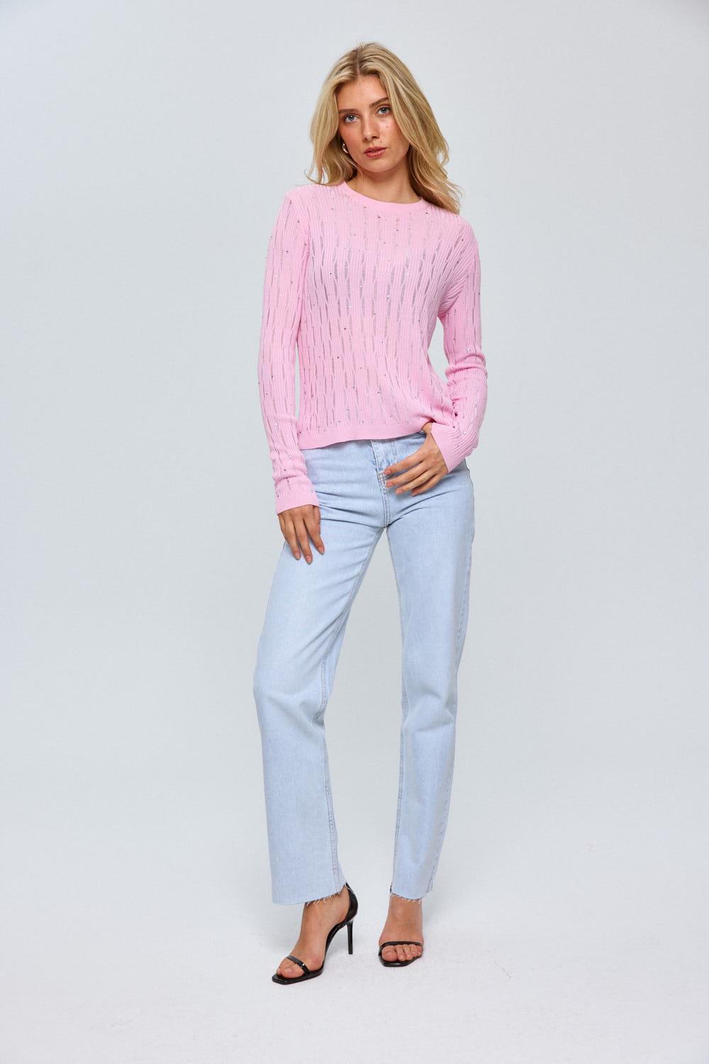 Crew Neck Pink Knitwear Women's Blouse