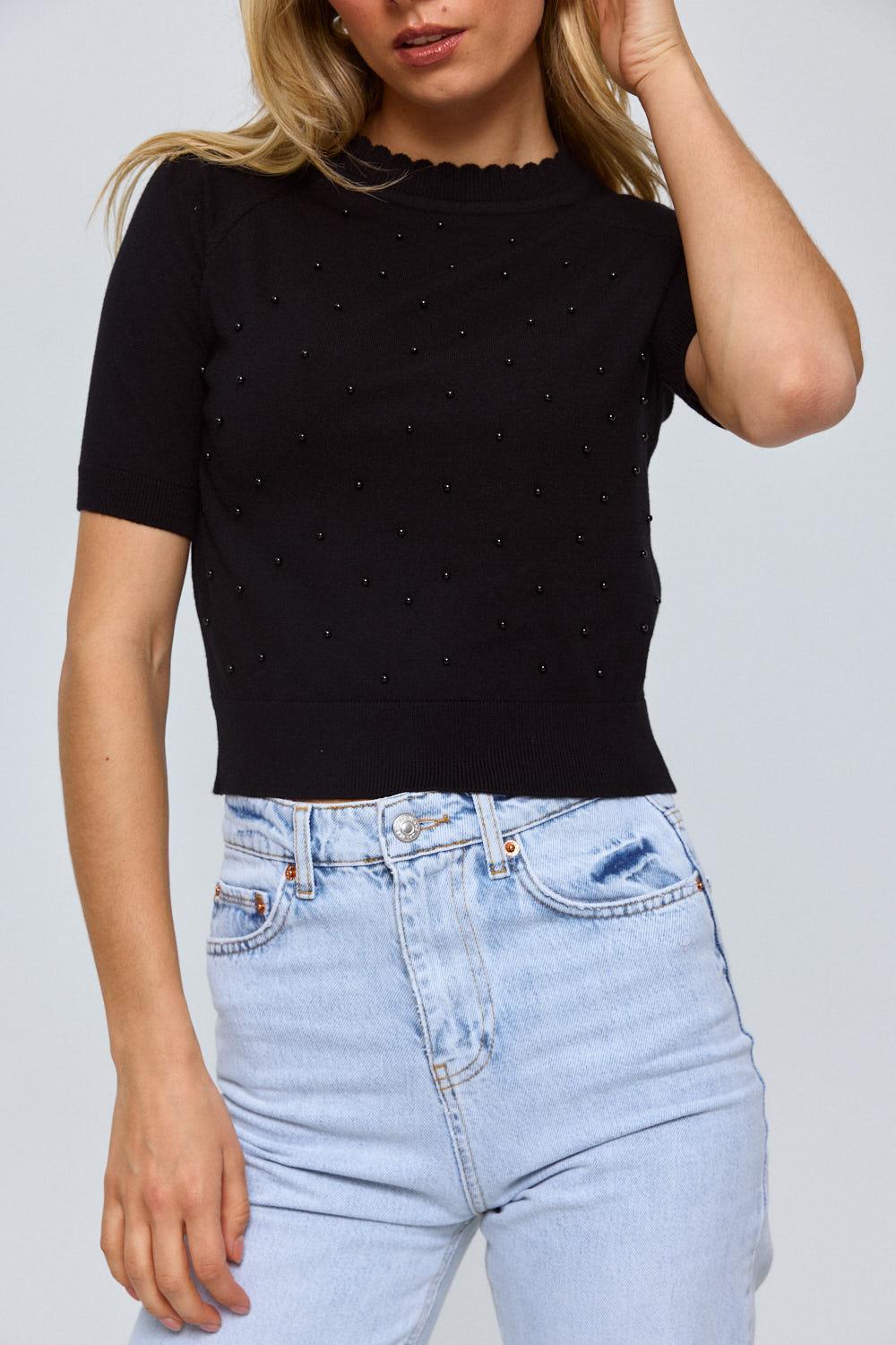 Crew Neck Black Knitwear Blouse with Pearl Detail for Women