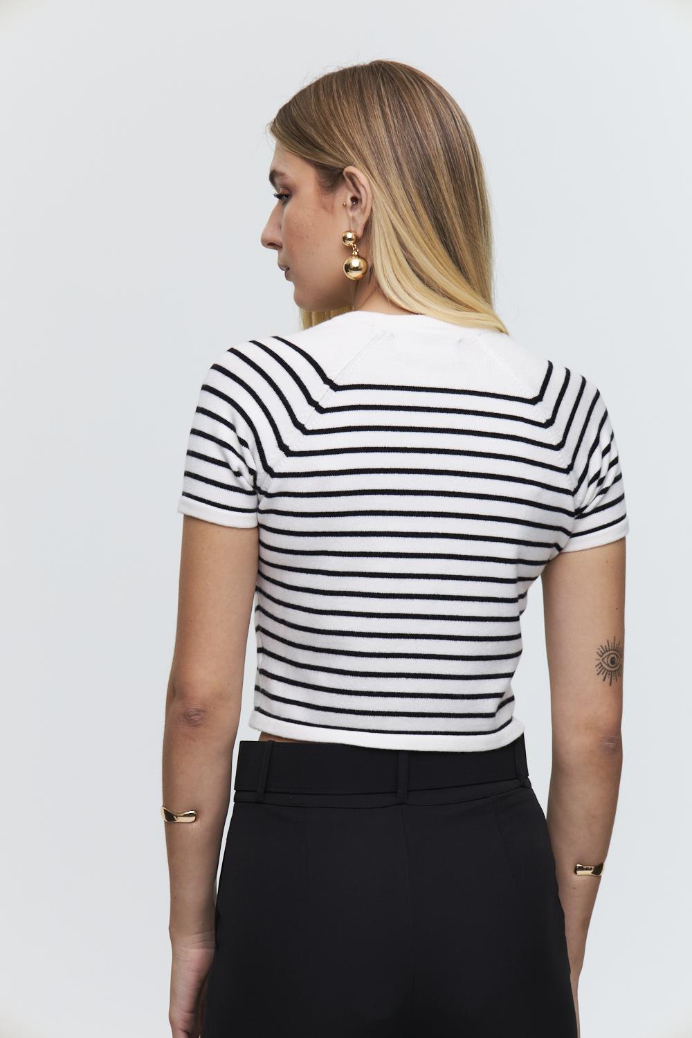 Crew Neck White Short Sleeved Knitted Blouse with Black Stripes for Women