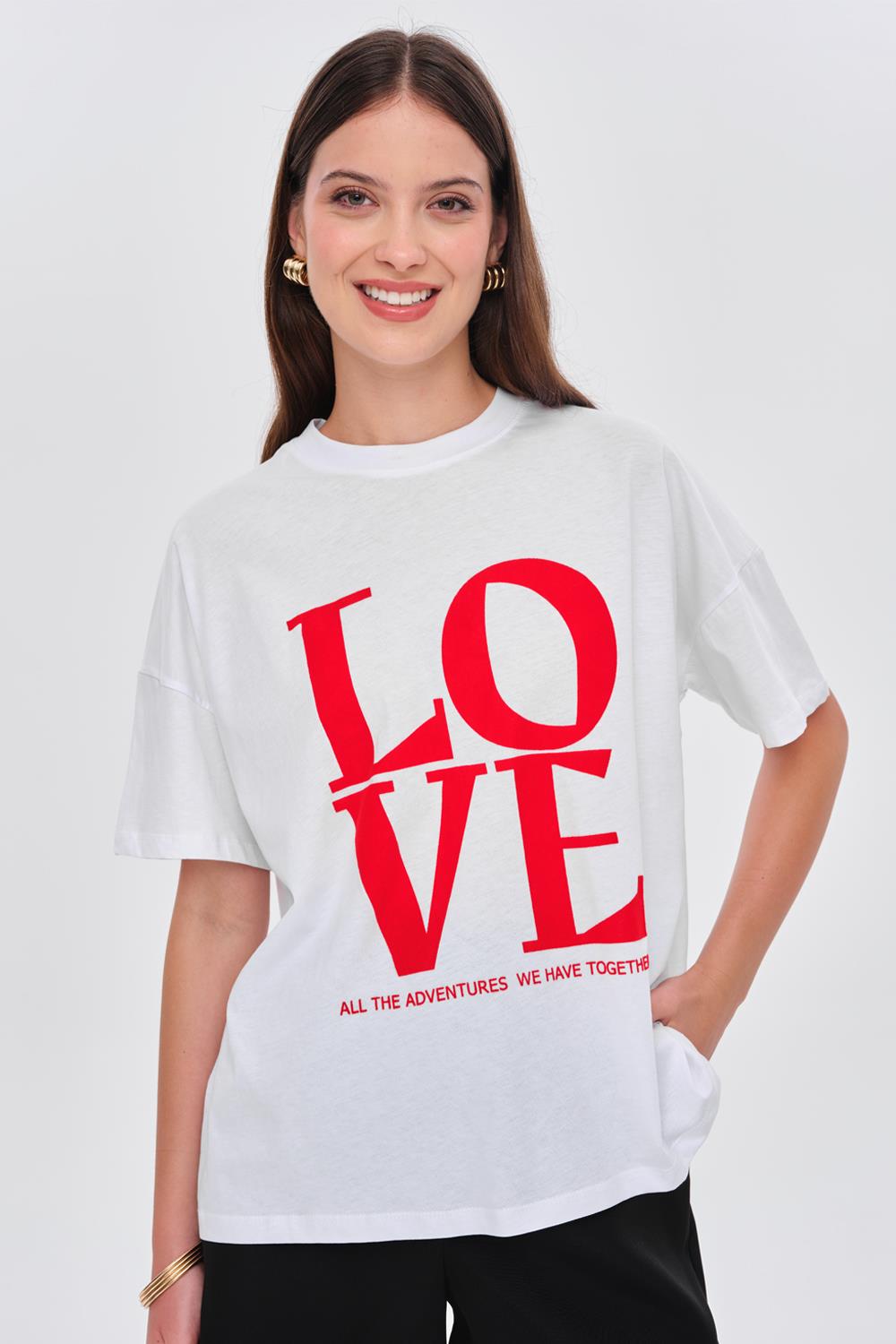 Crew Neck White T-Shirt with Red Love Printed Detail for Women