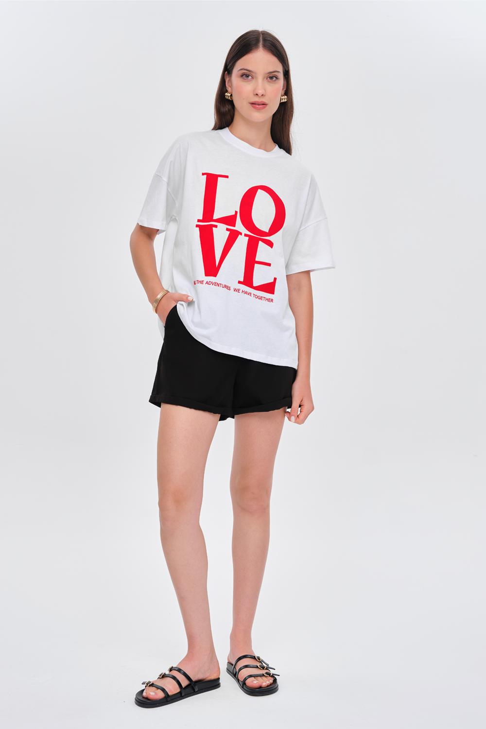 Crew Neck White T-Shirt with Red Love Printed Detail for Women