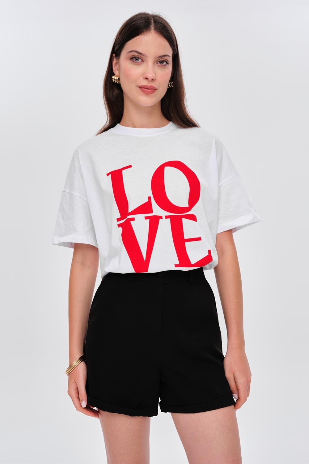 Crew Neck White T-Shirt with Red Love Printed Detail for Women