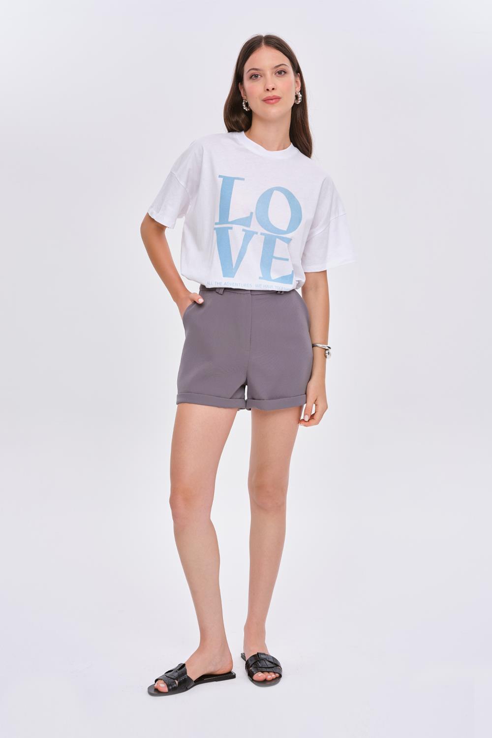 Crew Neck White T-Shirt with Blue Love Printed Detail for Women