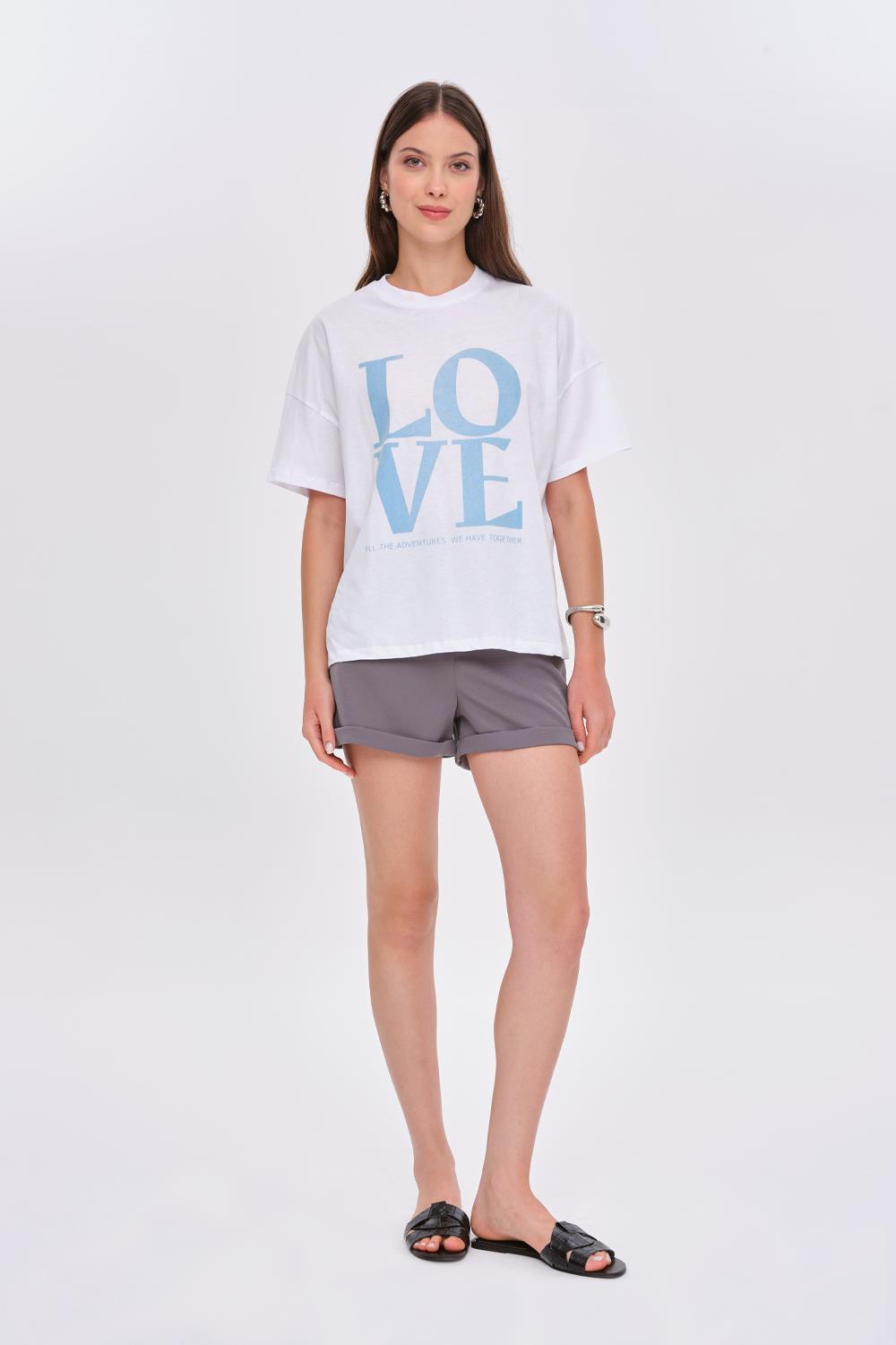 Crew Neck White T-Shirt with Blue Love Printed Detail for Women