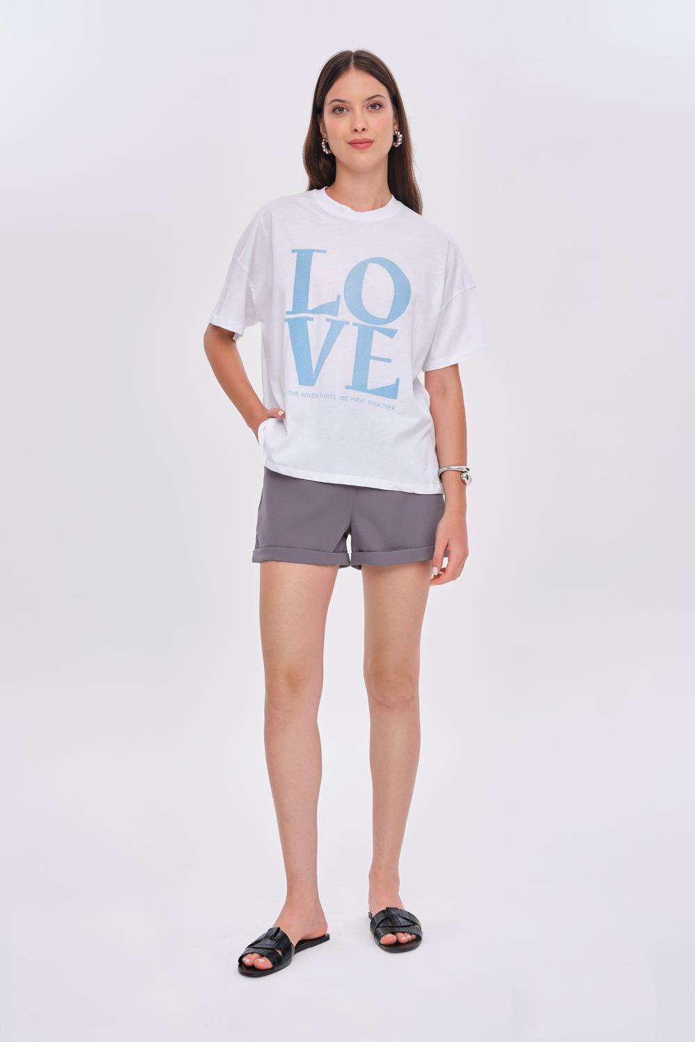 Crew Neck White T-Shirt with Blue Love Printed Detail for Women