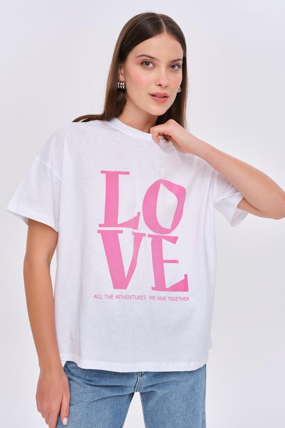 Crew Neck White T-Shirt with Pink Love Printed Detail for Women