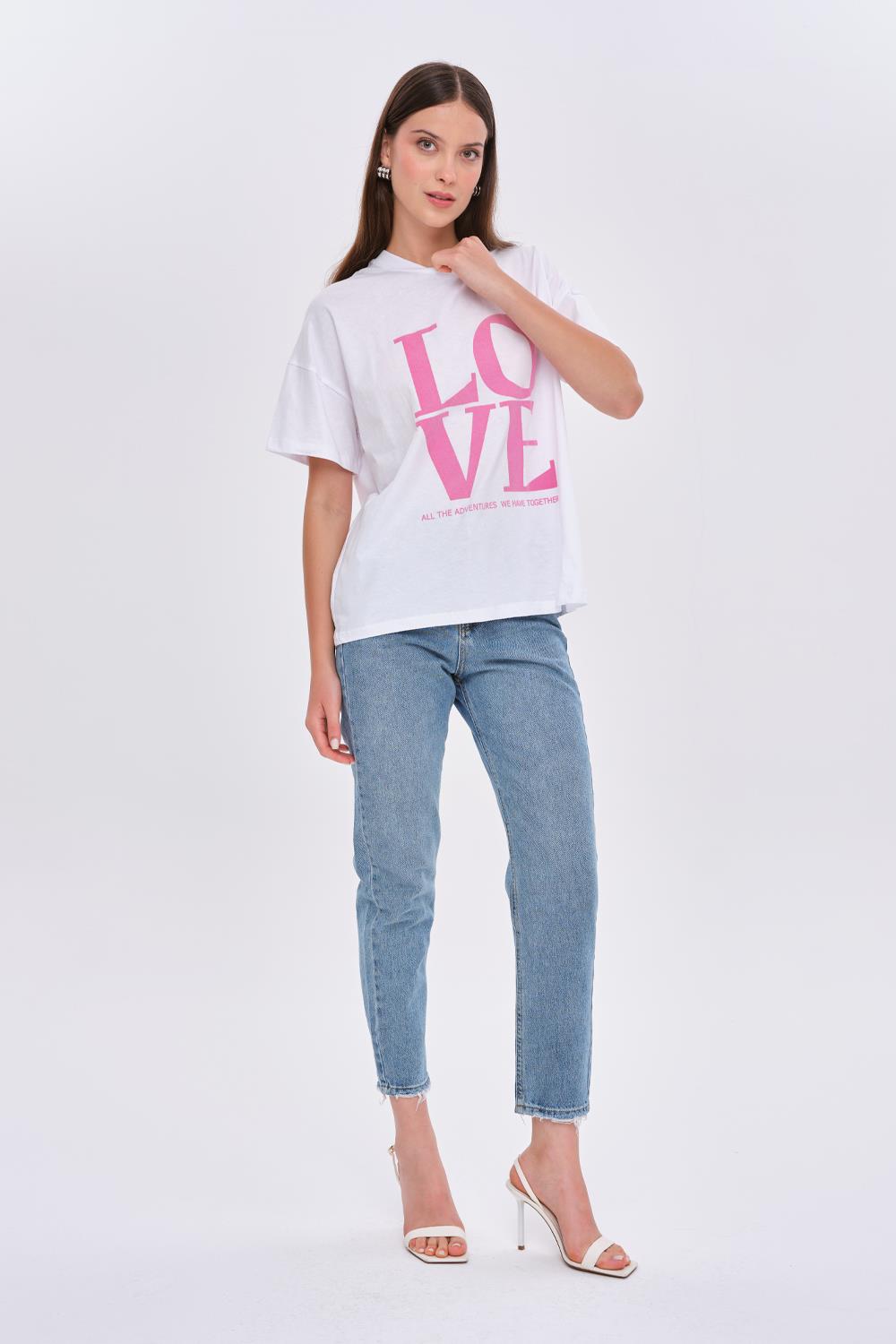 Crew Neck White T-Shirt with Pink Love Printed Detail for Women