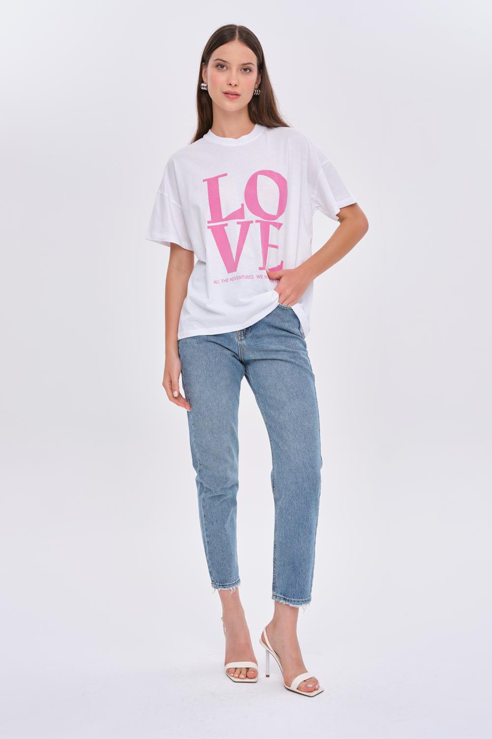 Crew Neck White T-Shirt with Pink Love Printed Detail for Women