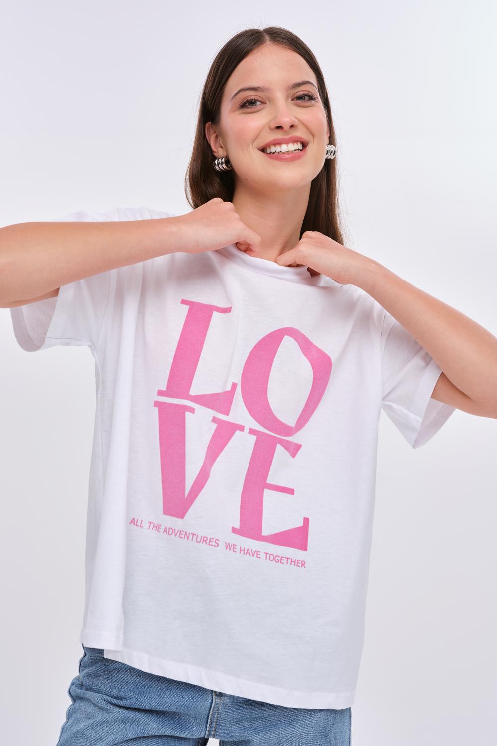 Crew Neck White T-Shirt with Pink Love Printed Detail for Women