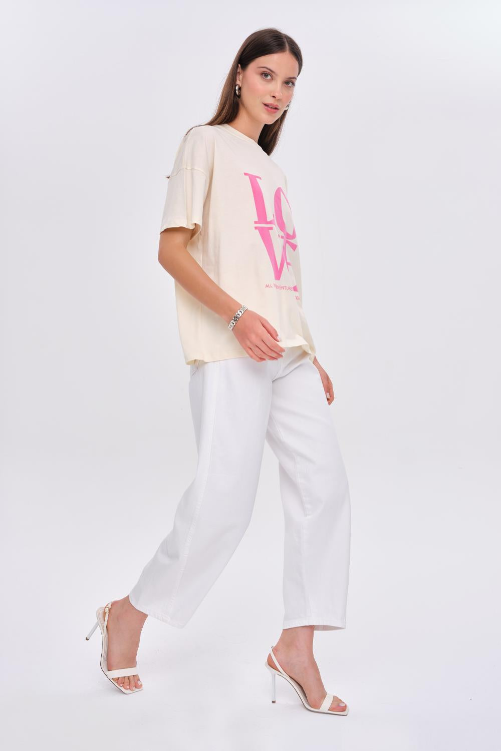 Crew Neck Cream T-Shirt with Pink Love Printed Detail for Women