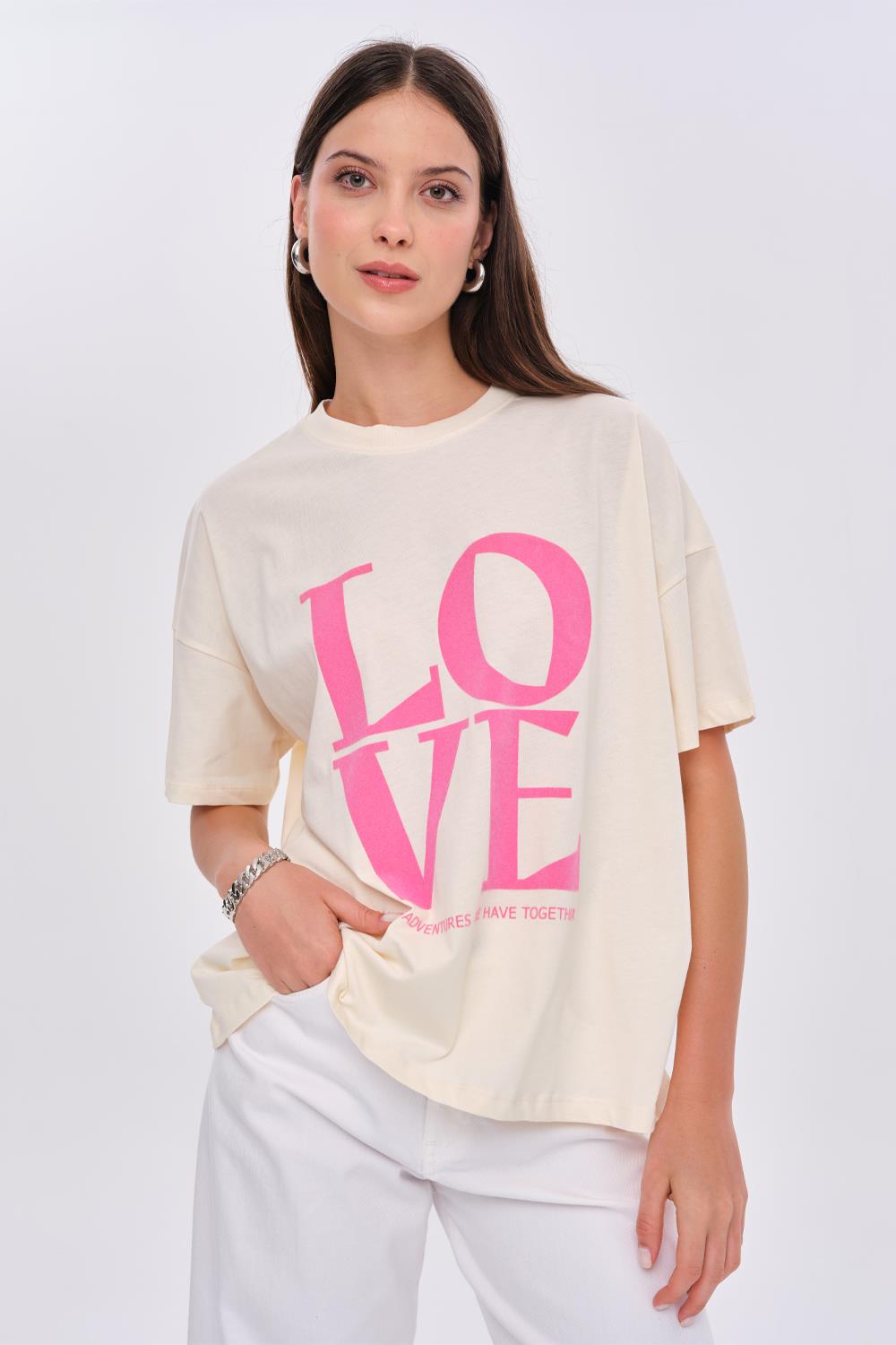 Crew Neck Cream T-Shirt with Pink Love Printed Detail for Women