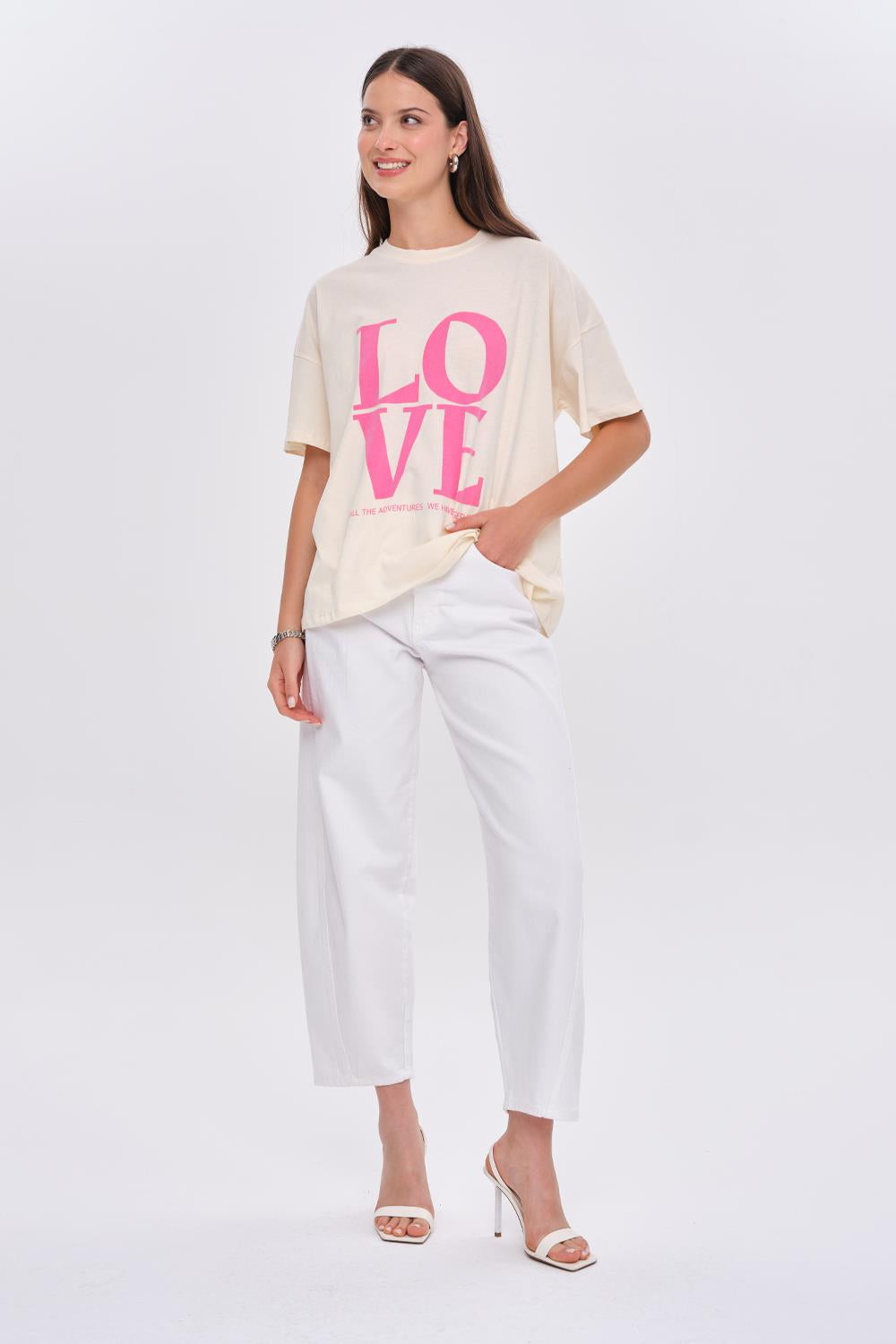 Crew Neck Cream T-Shirt with Pink Love Printed Detail for Women